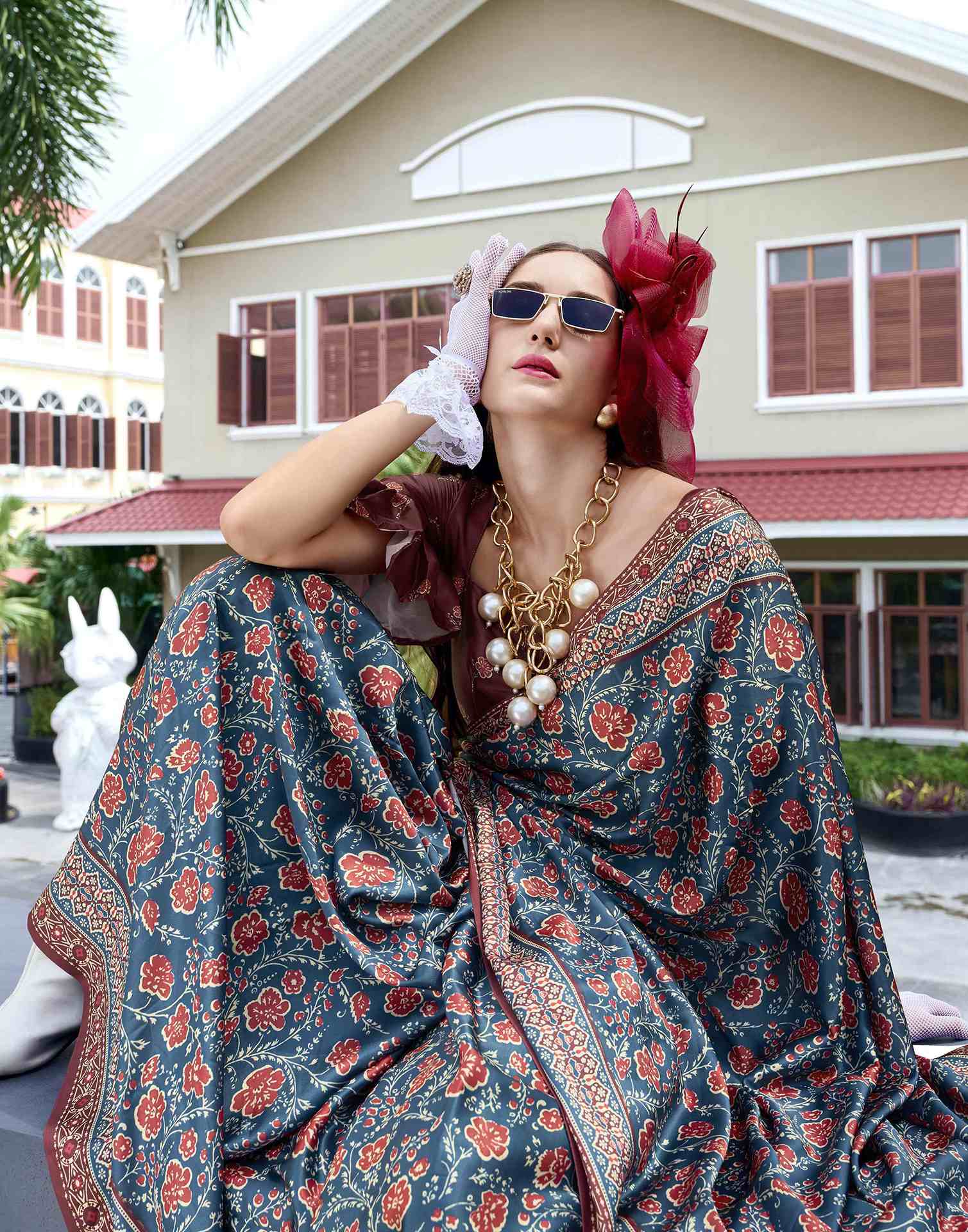 Rama Blue Satin Printed Saree