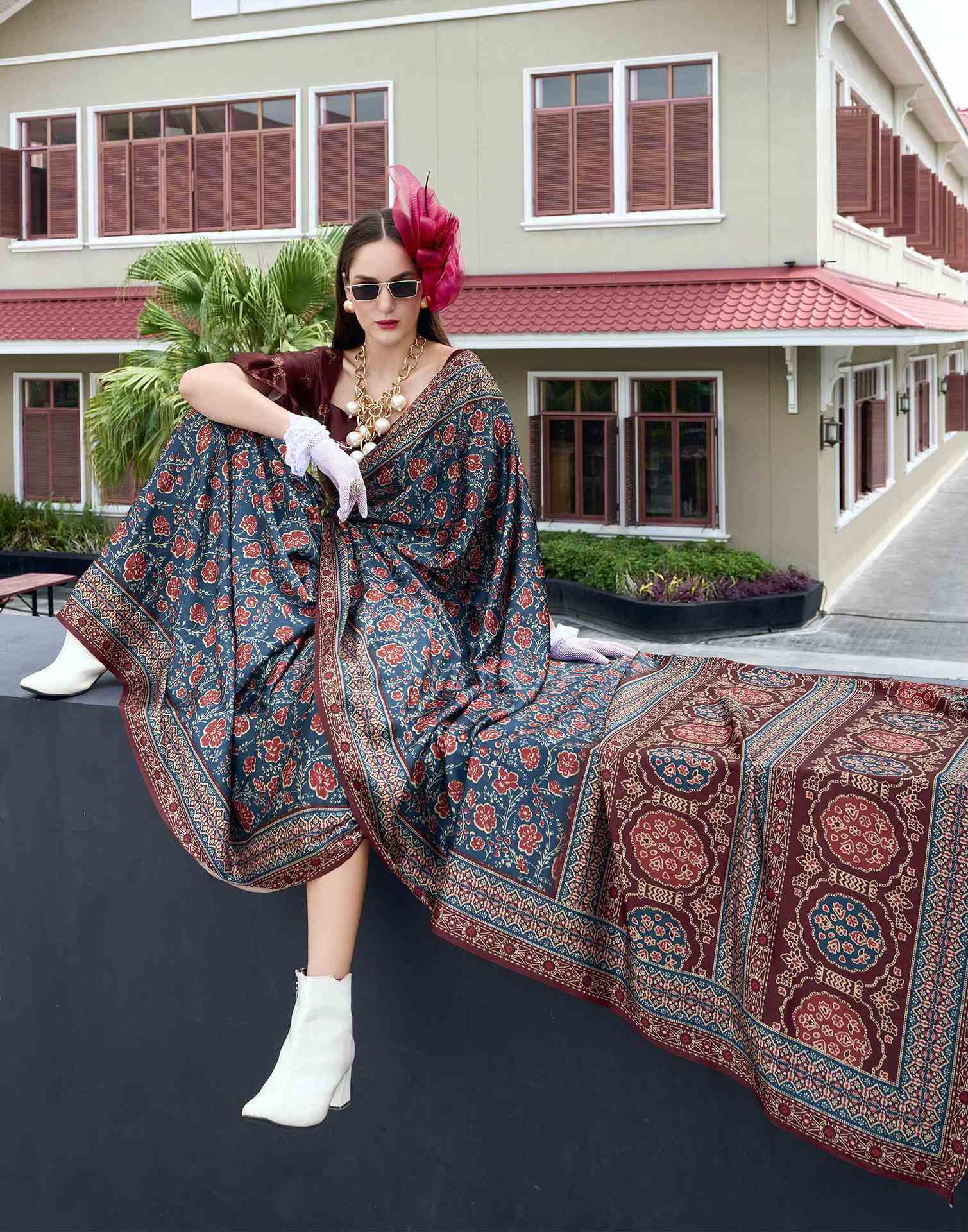 Rama Blue Satin Printed Saree