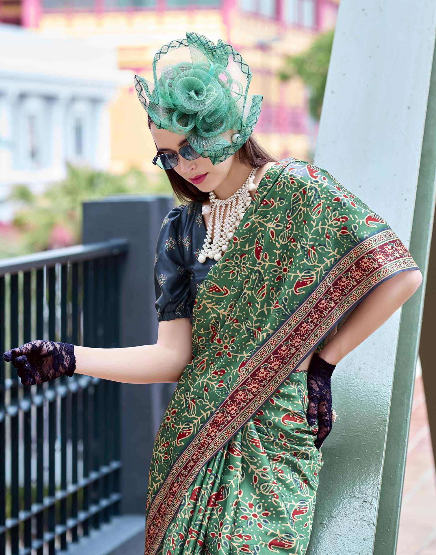Green Satin Printed Saree