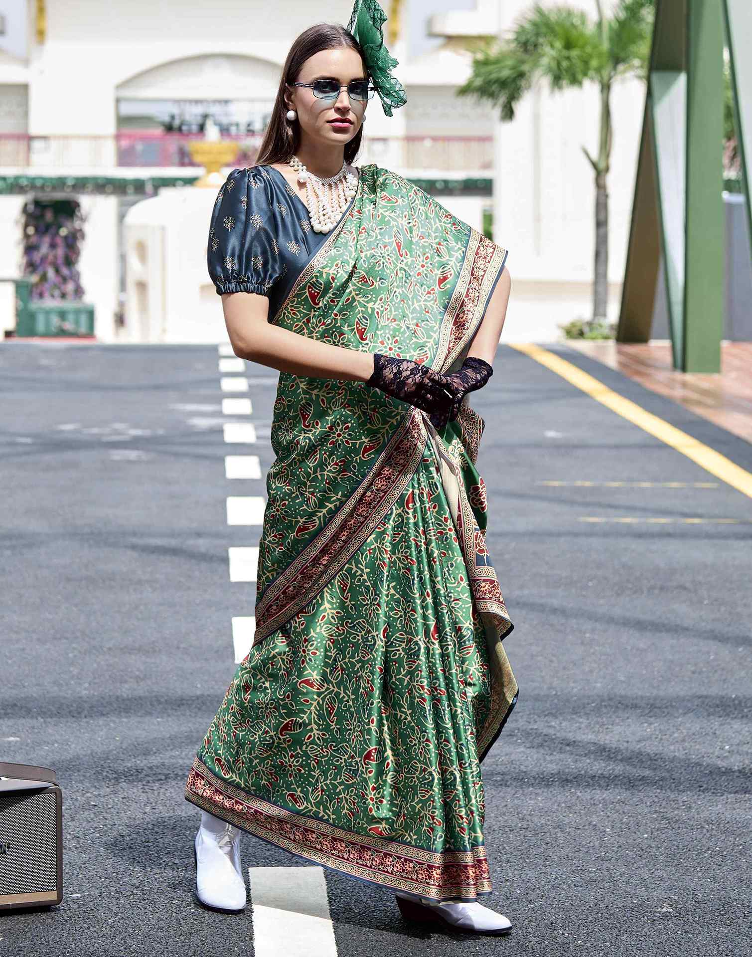Green Satin Printed Saree