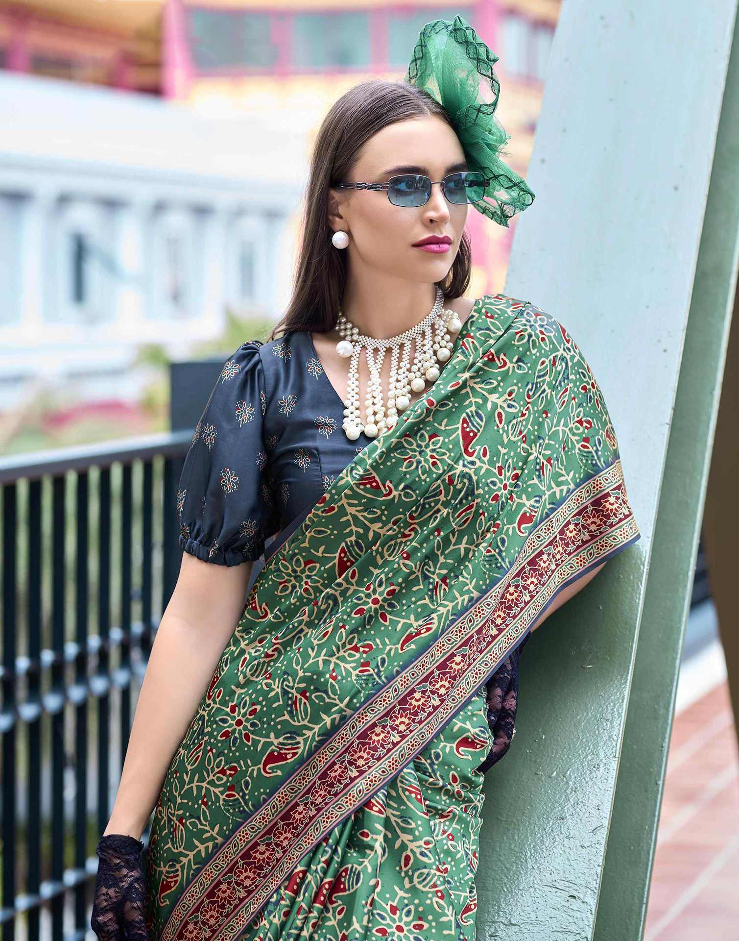 Green Satin Printed Saree