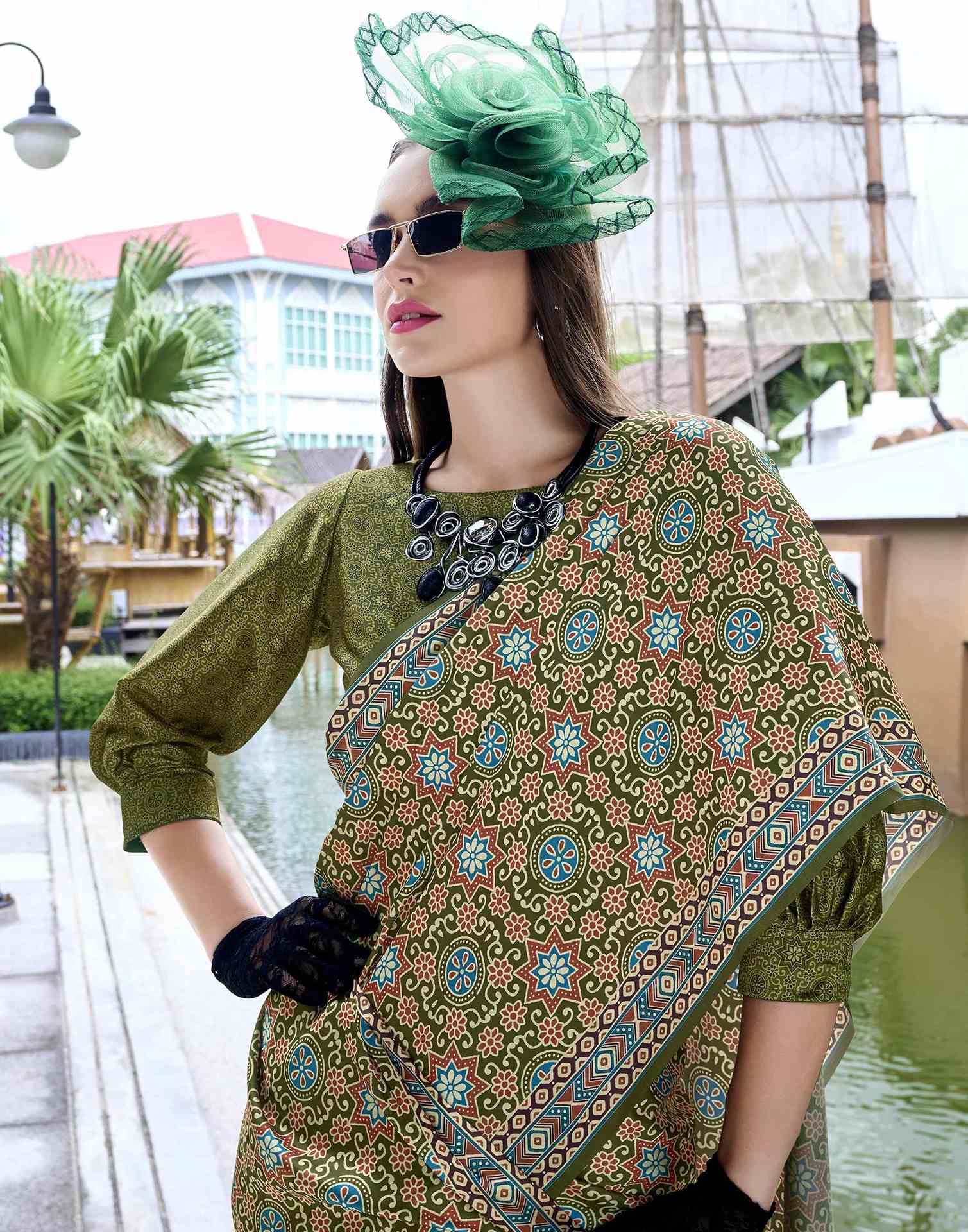 Olive Green Satin Printed Saree