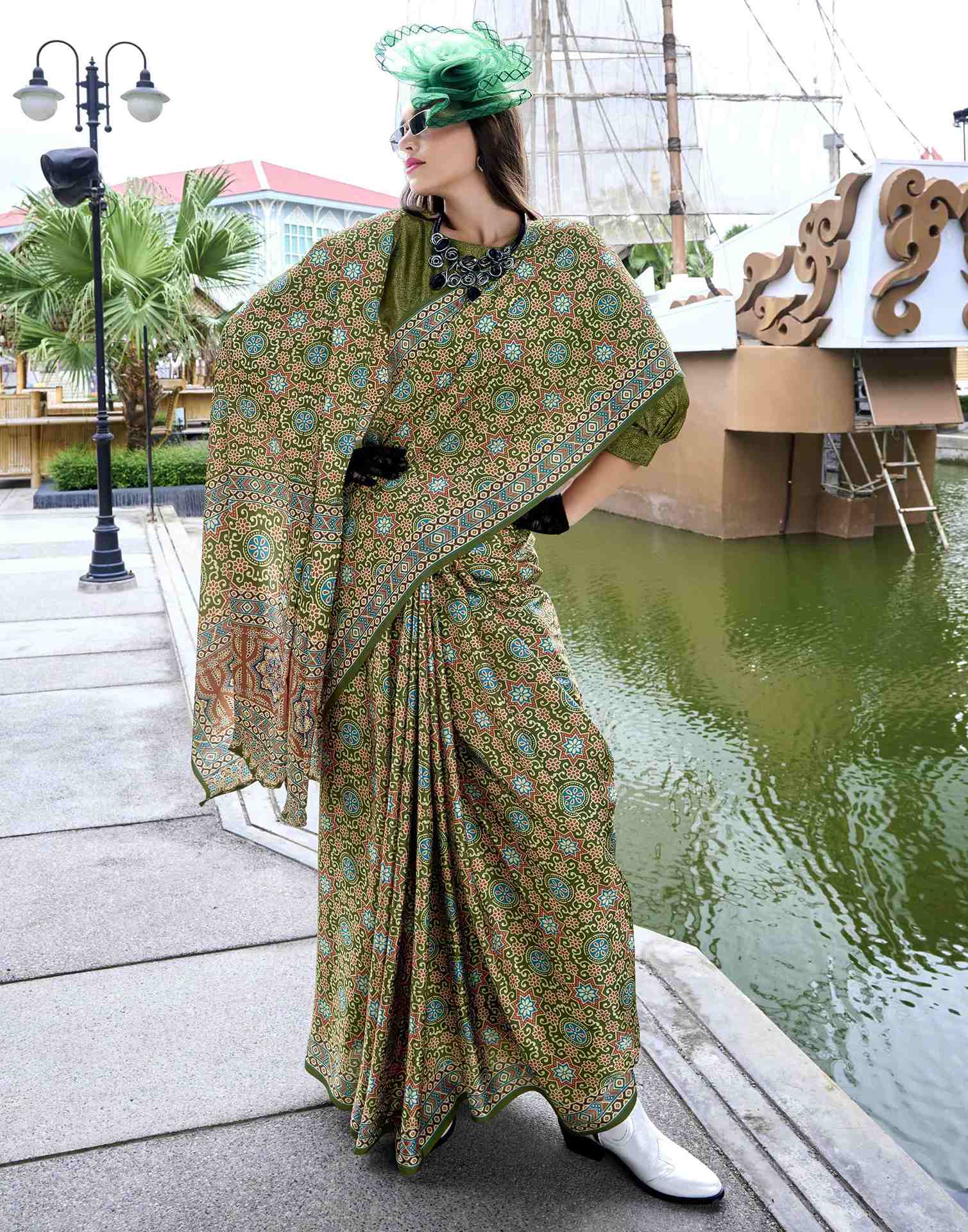 Olive Green Satin Printed Saree