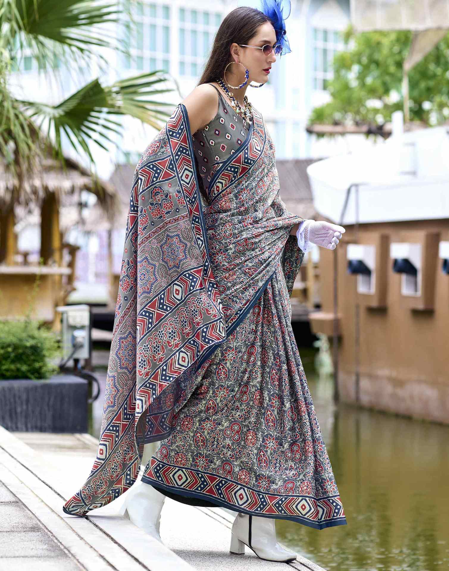 Grey Satin Printed Saree