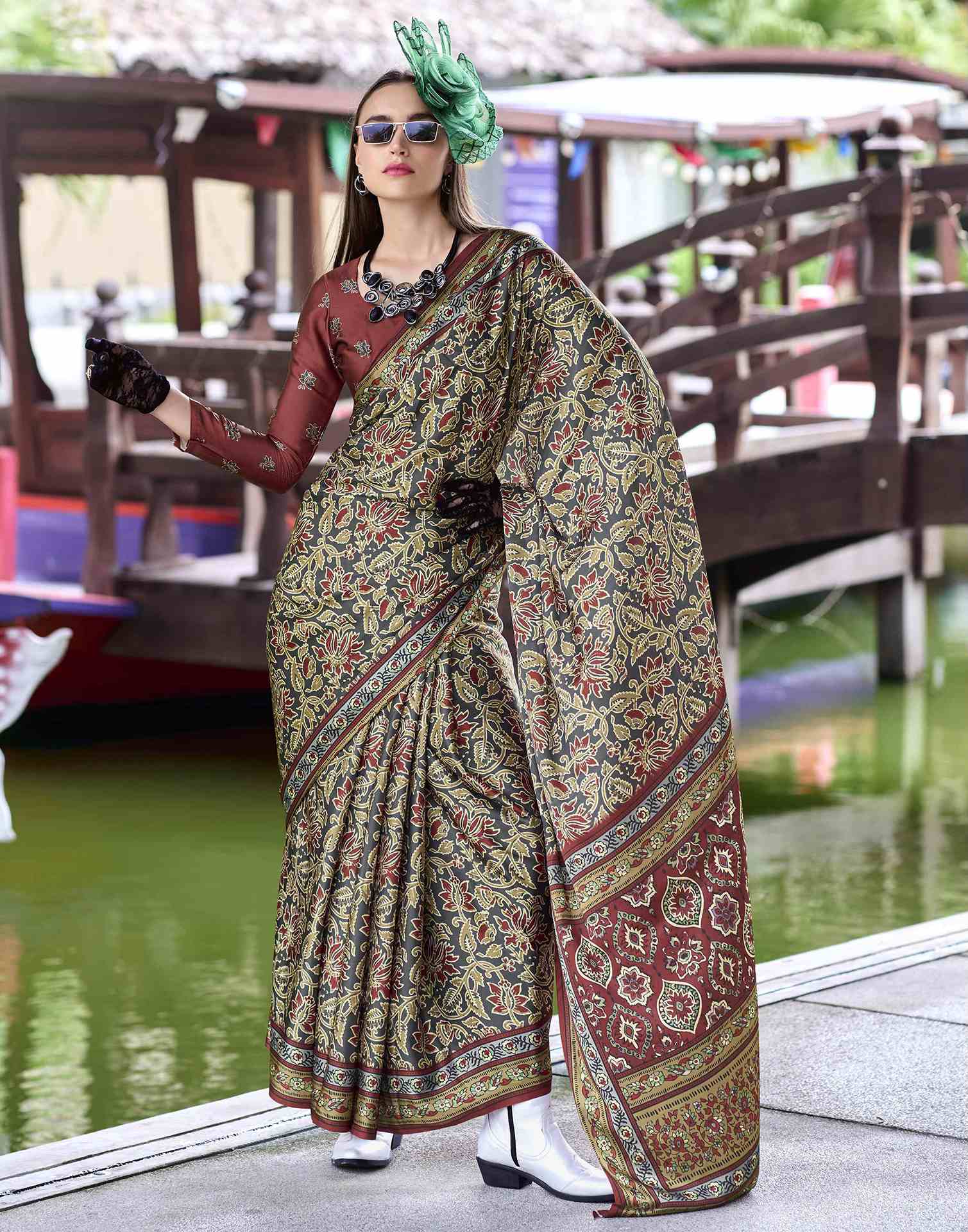 Beige Satin Printed Saree