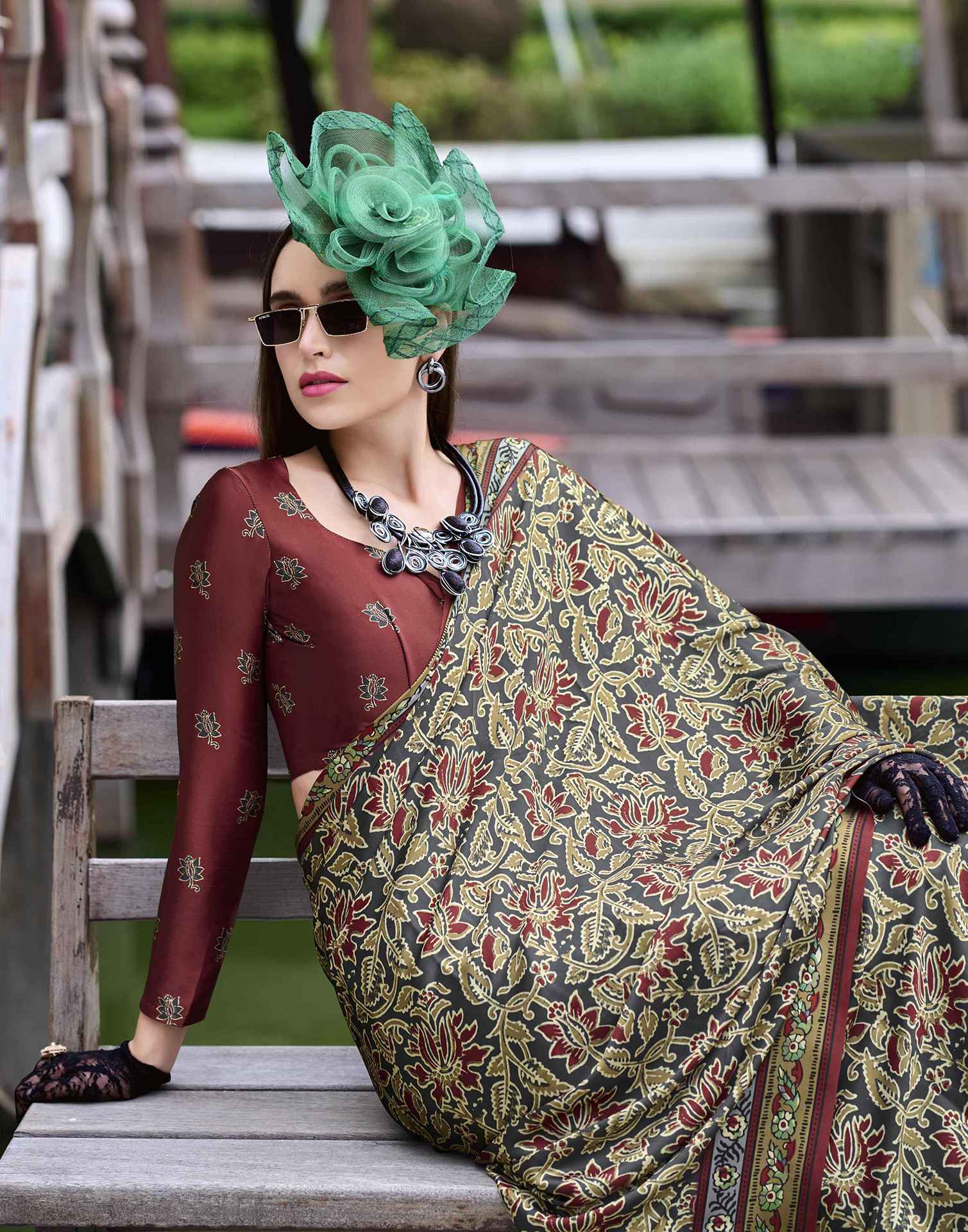 Beige Satin Printed Saree