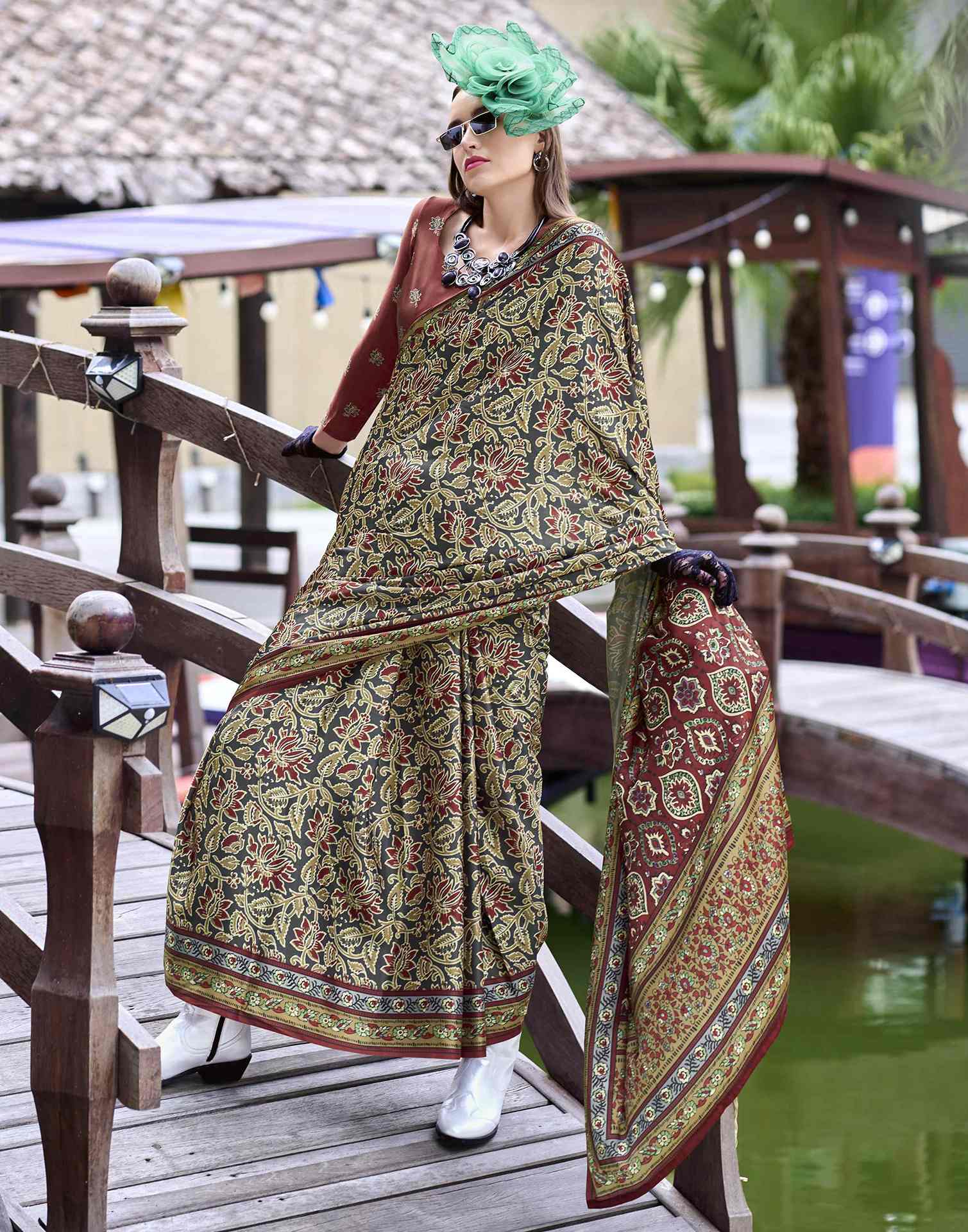 Beige Satin Printed Saree