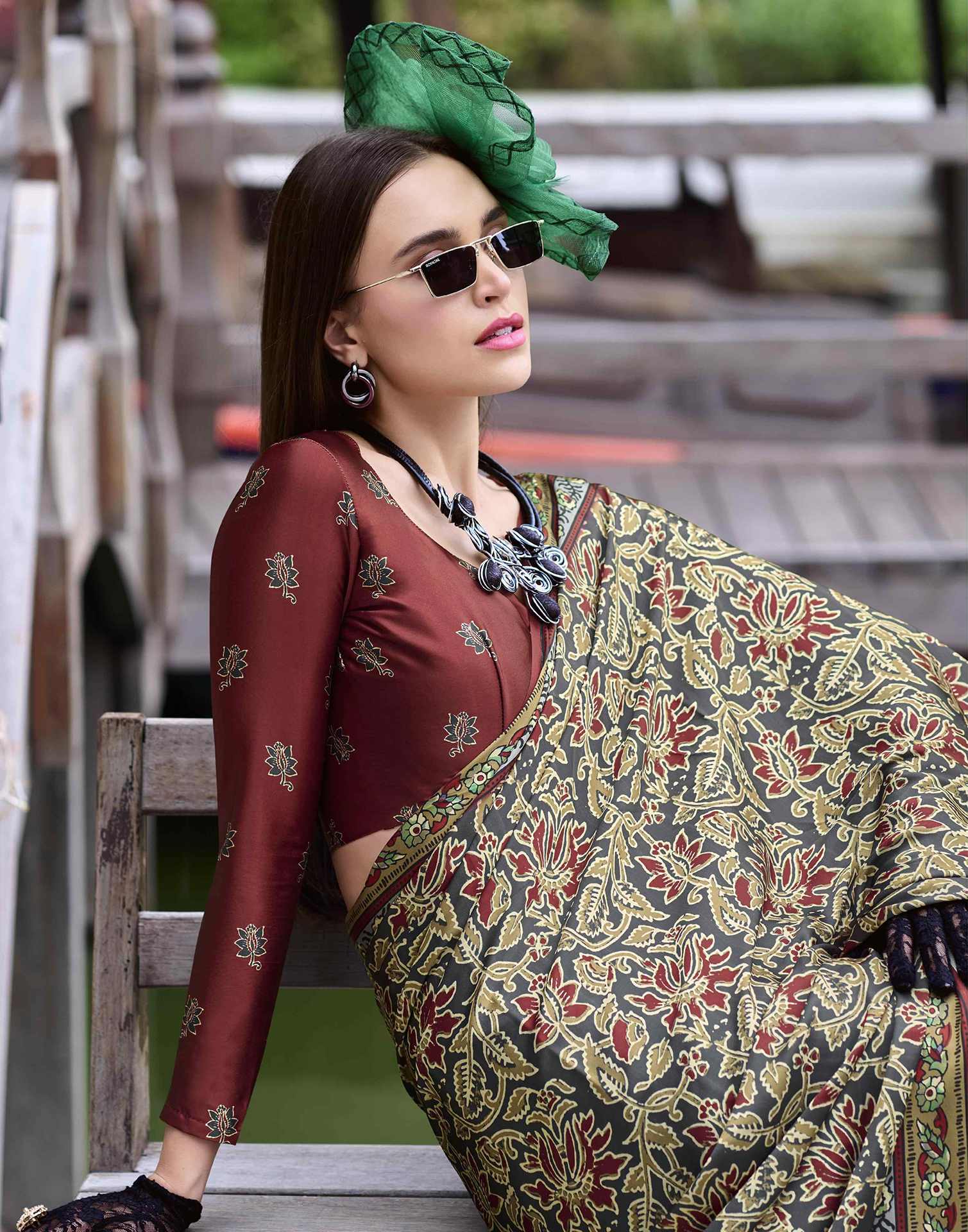 Beige Satin Printed Saree