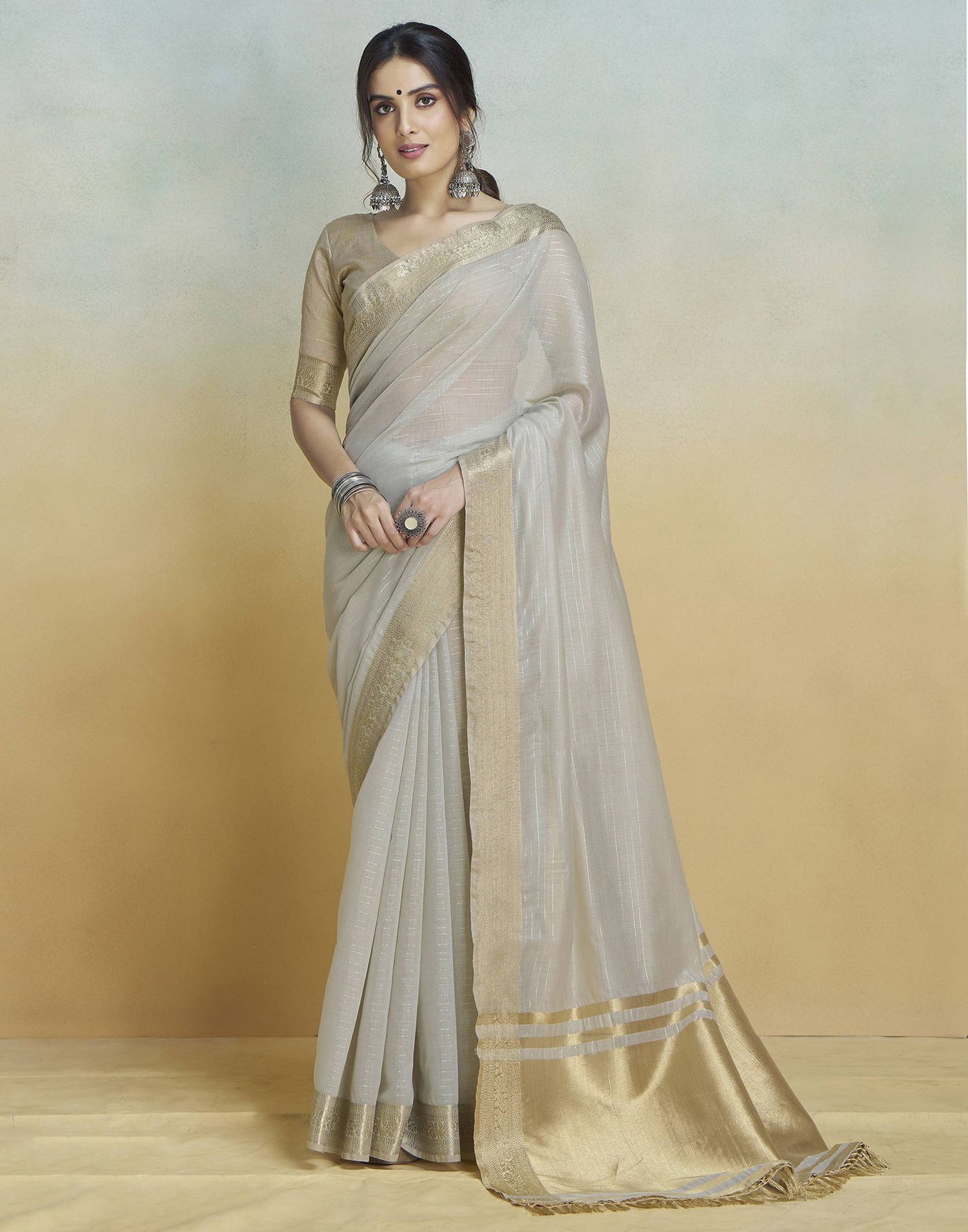 Grey Cotton Woven Saree