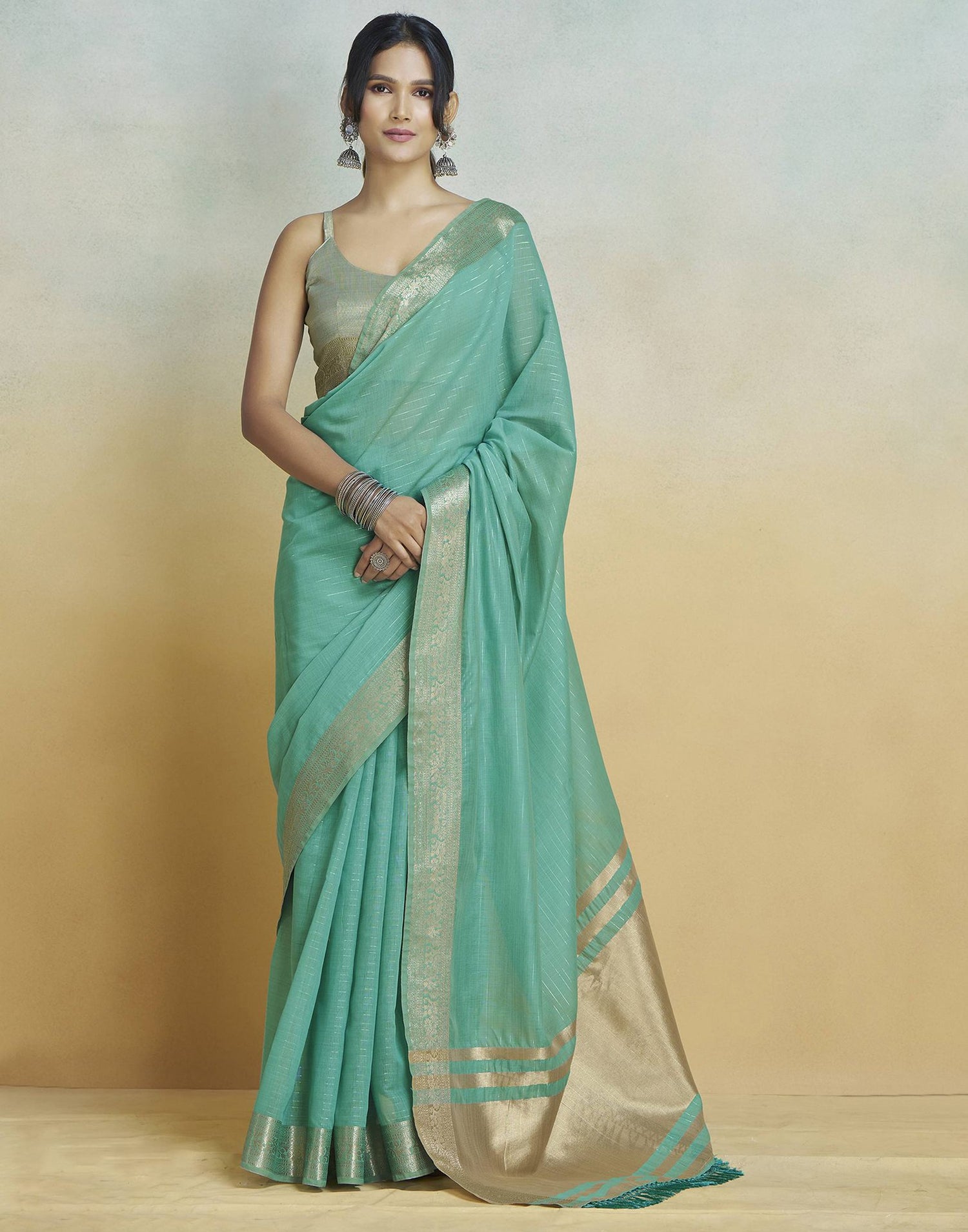 Teal Green Cotton Woven Saree