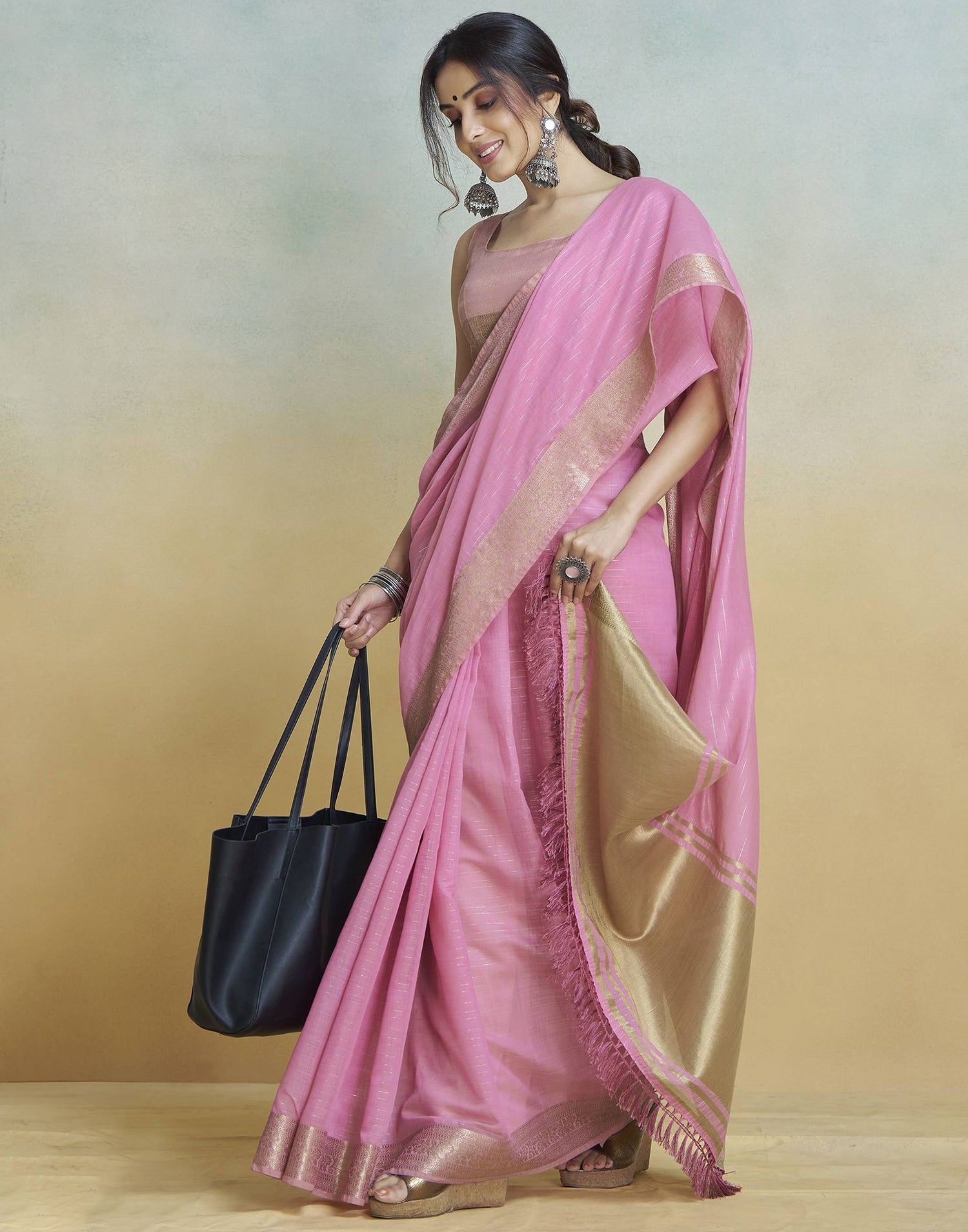 Pink Cotton Woven Saree