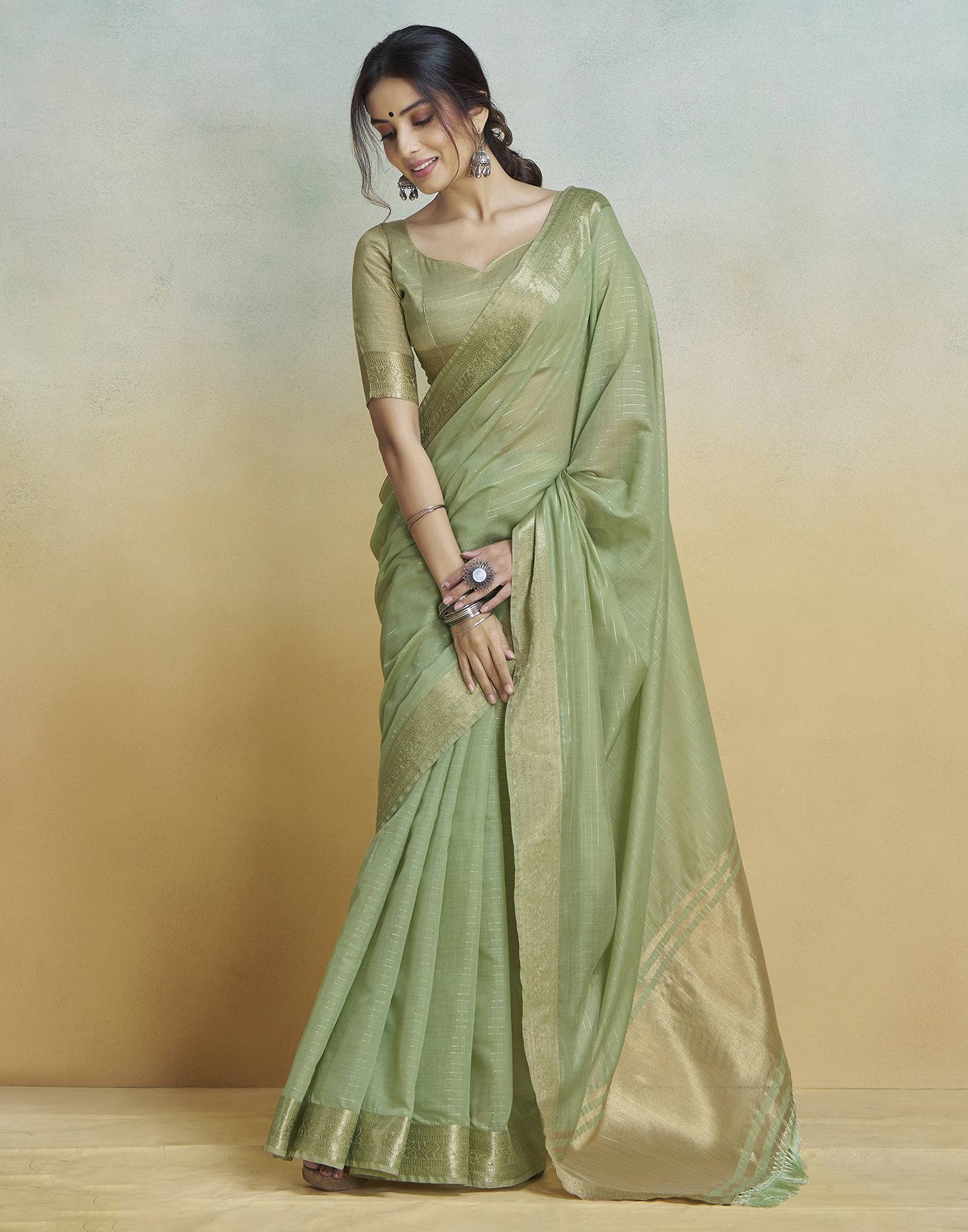 Light Green Cotton Woven Saree