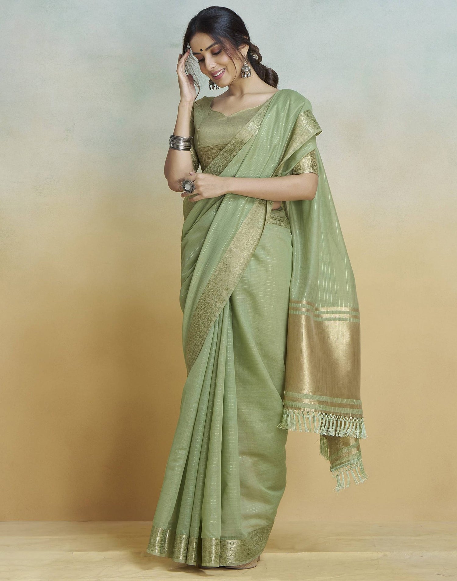 Light Green Cotton Woven Saree