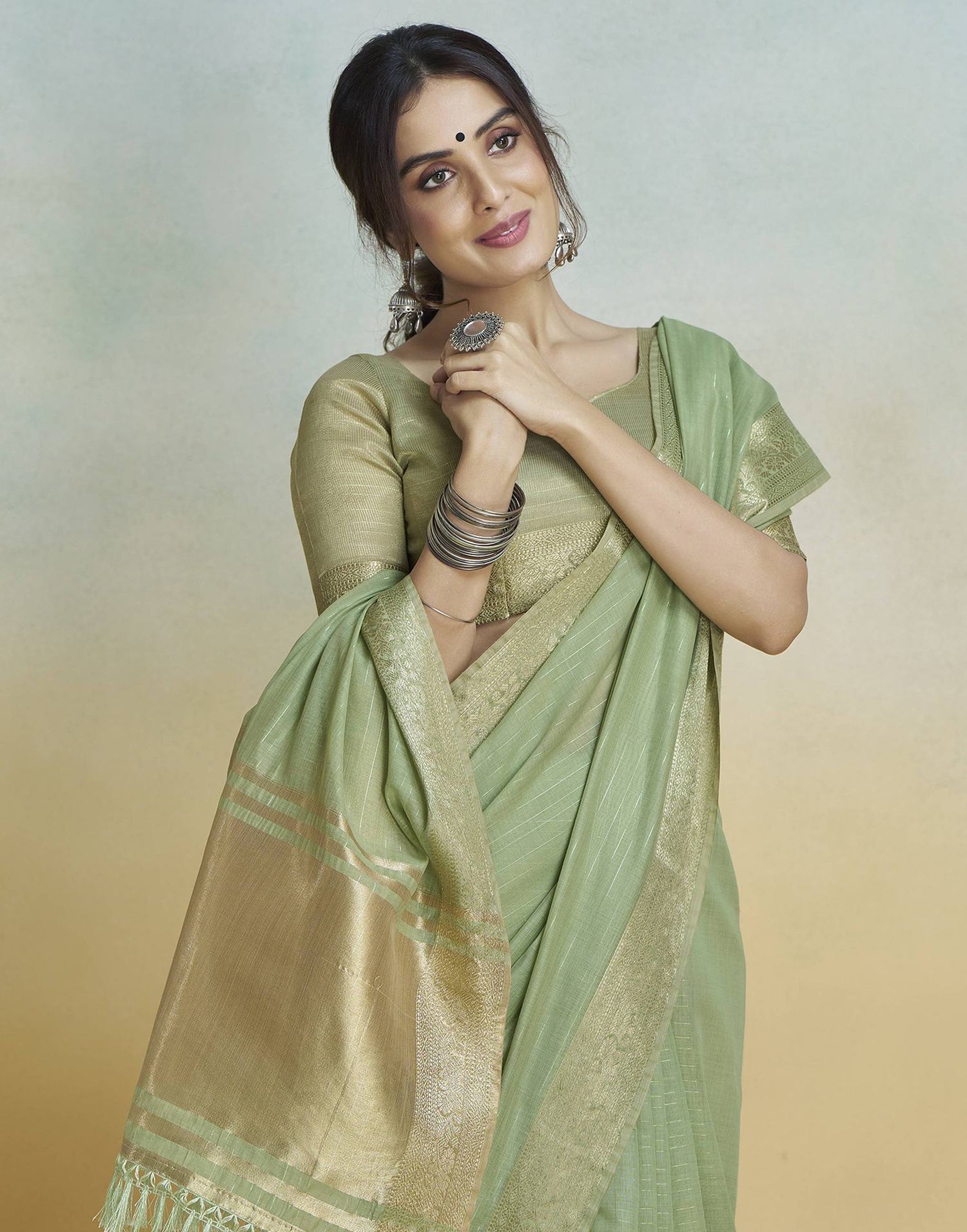 Light Green Cotton Woven Saree