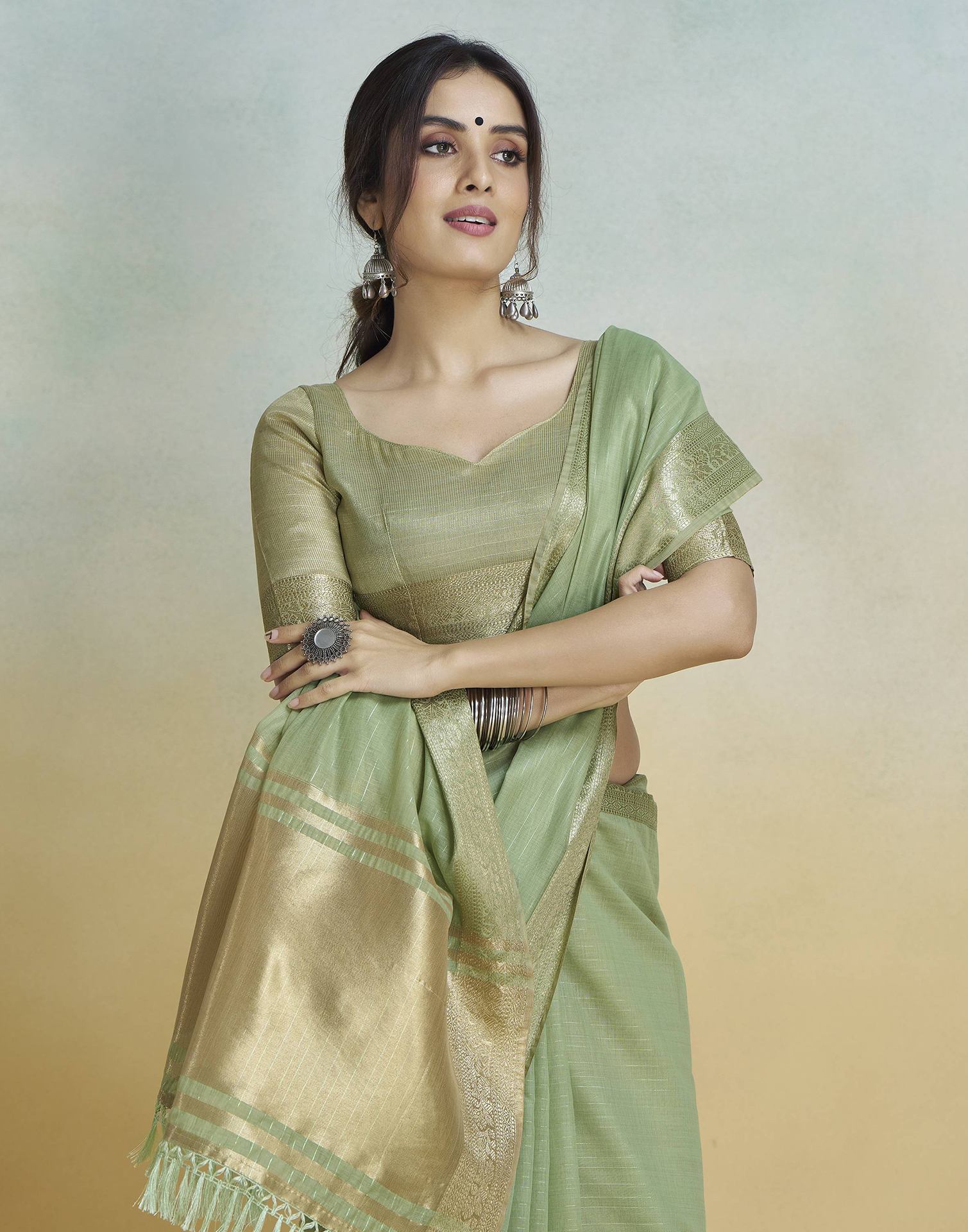 Light Green Cotton Woven Saree