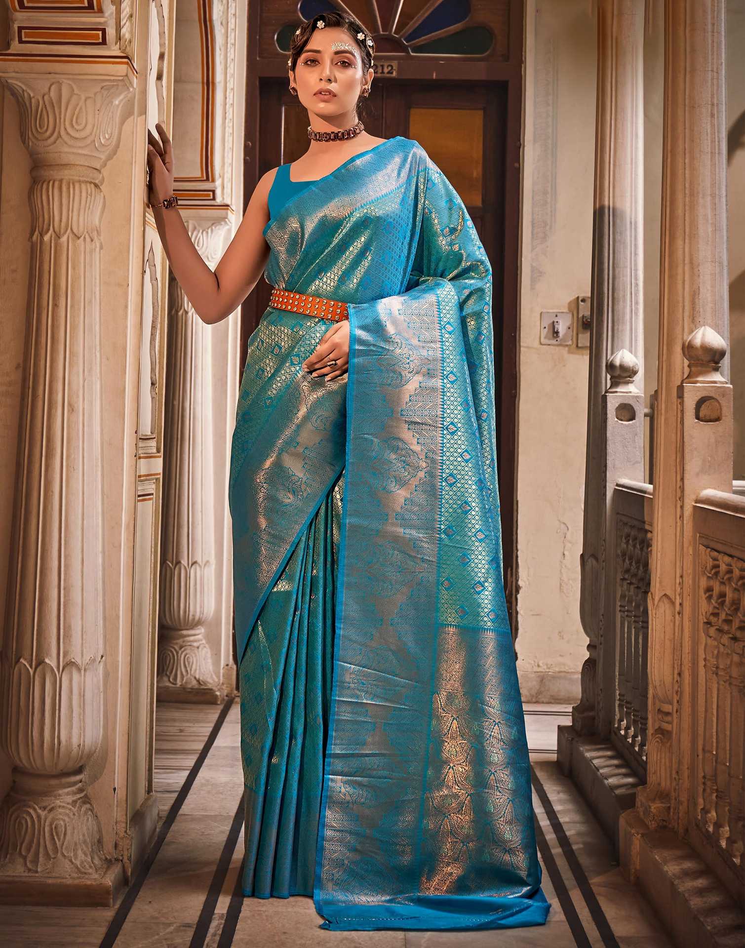 Teal Blue Silk Woven Kanjivaram Saree