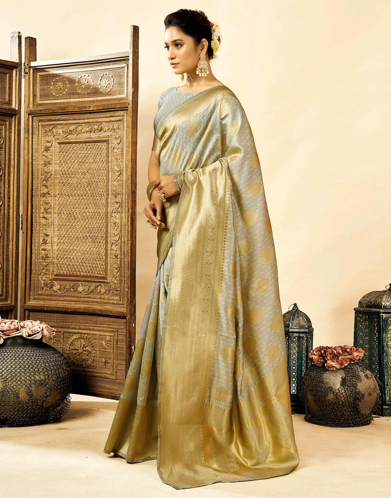 Grey Silk Woven Banarasi Saree