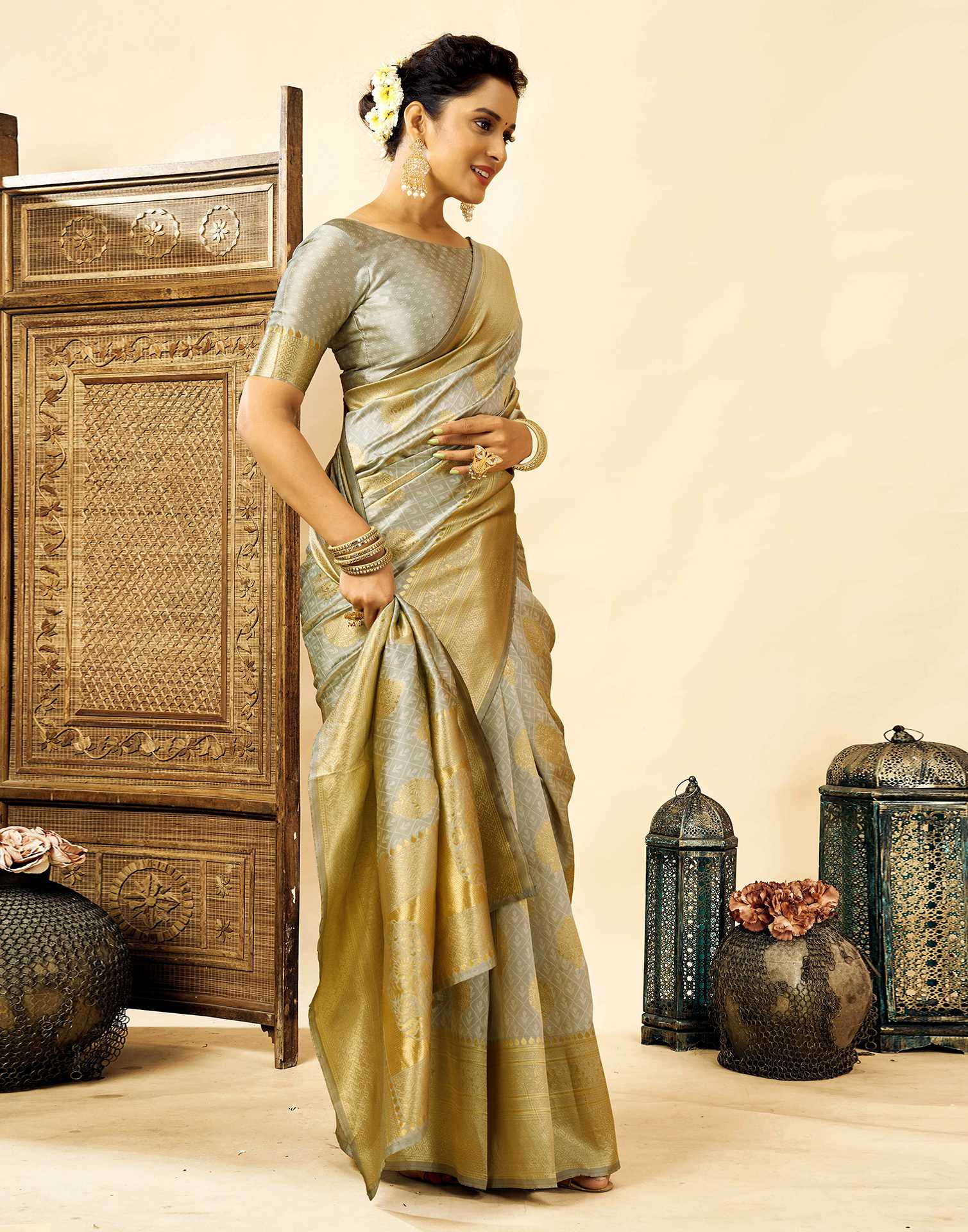 Grey Silk Woven Banarasi Saree