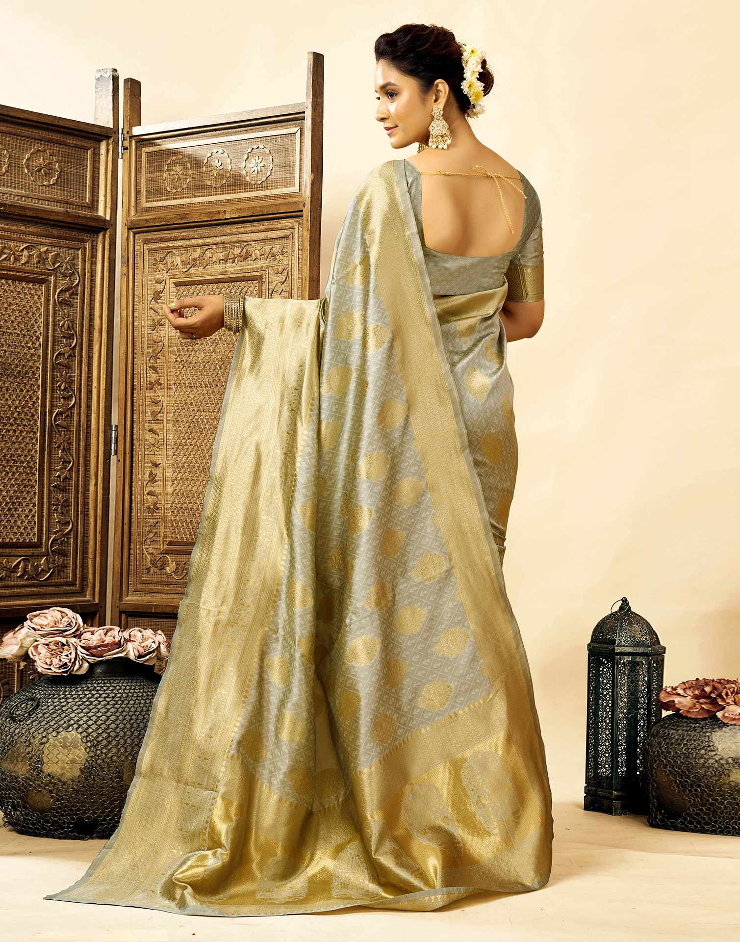 Grey Silk Woven Banarasi Saree