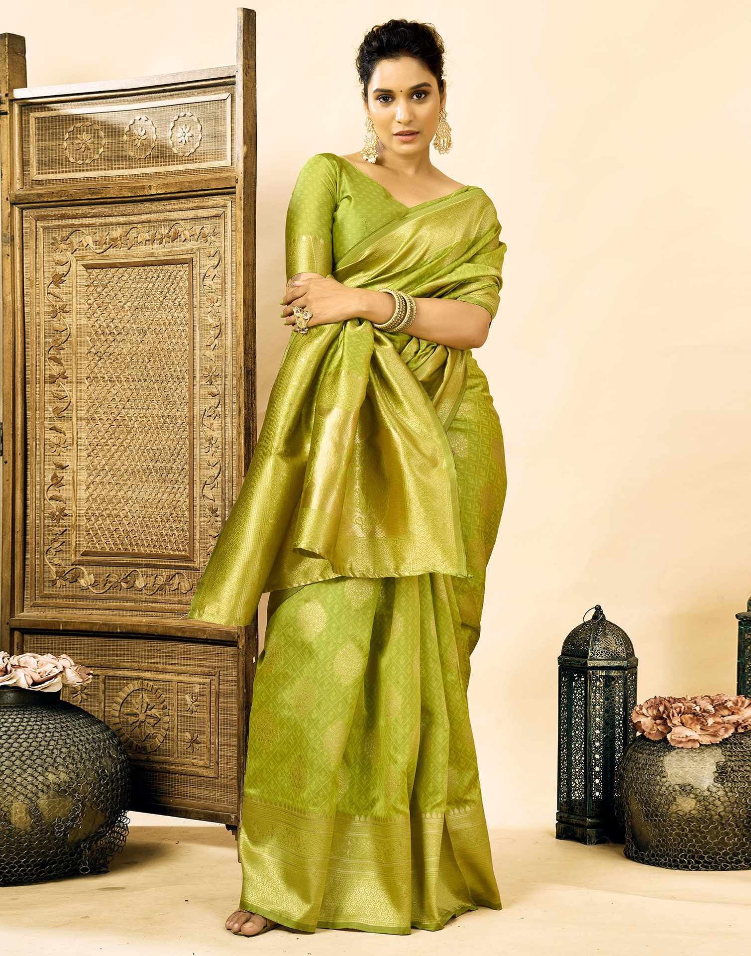 Parrot Green Silk Woven Banarasi Saree