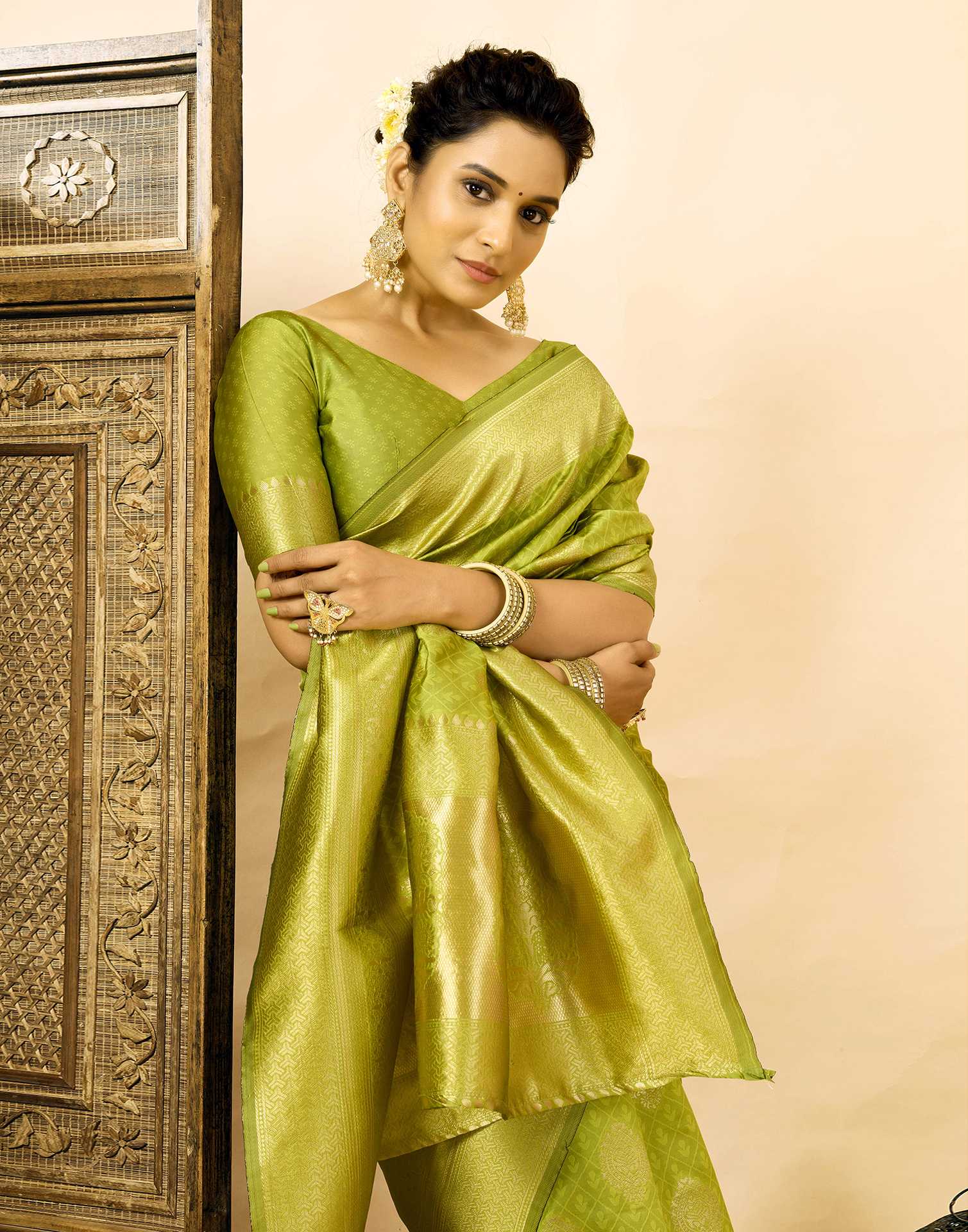Parrot Green Silk Woven Banarasi Saree