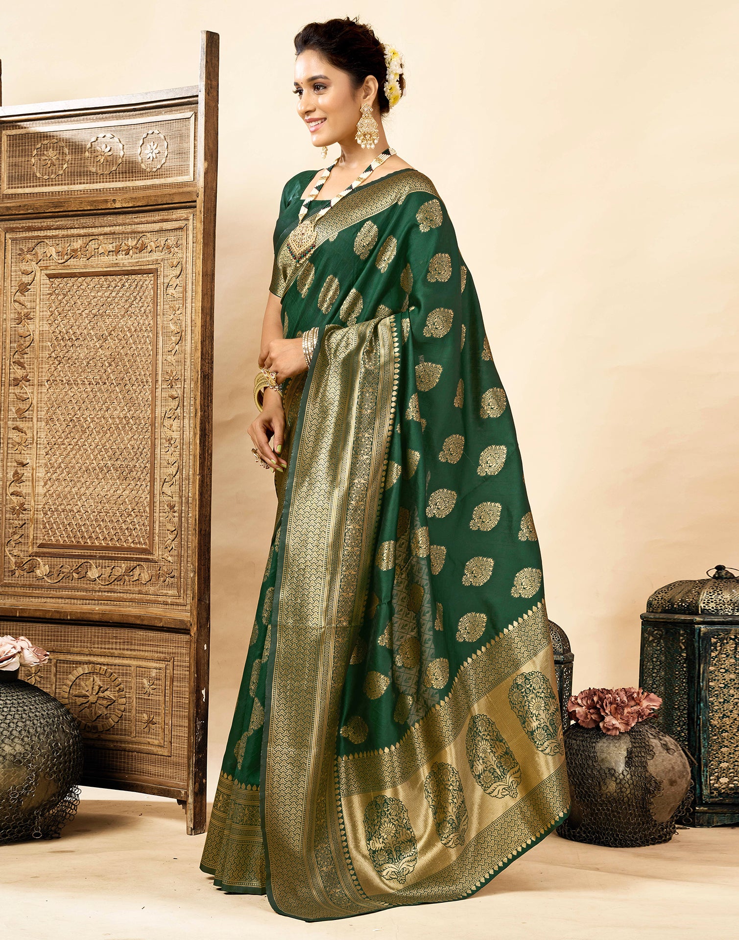 Dark Green Silk Woven Banarasi Saree