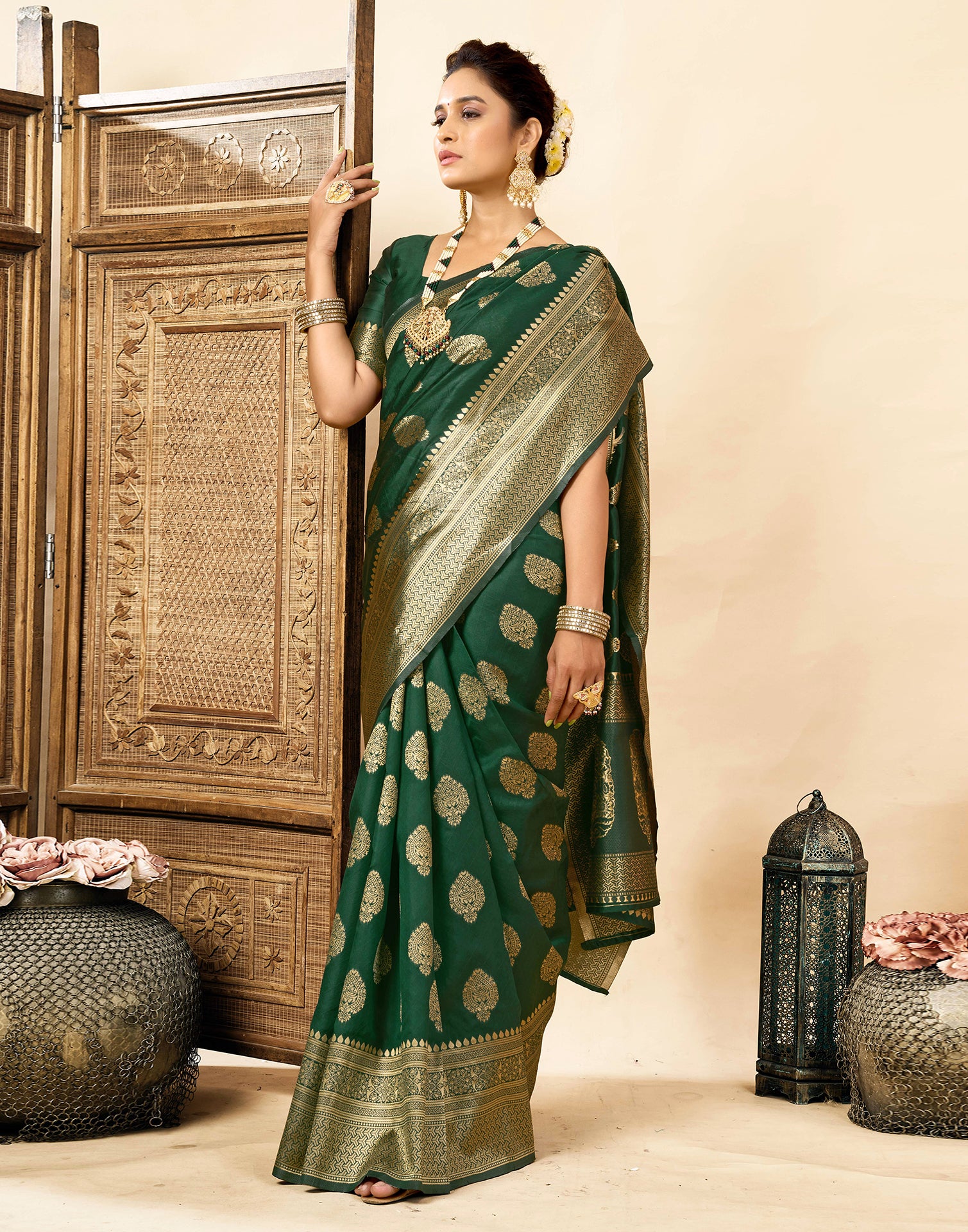 Dark Green Silk Woven Banarasi Saree