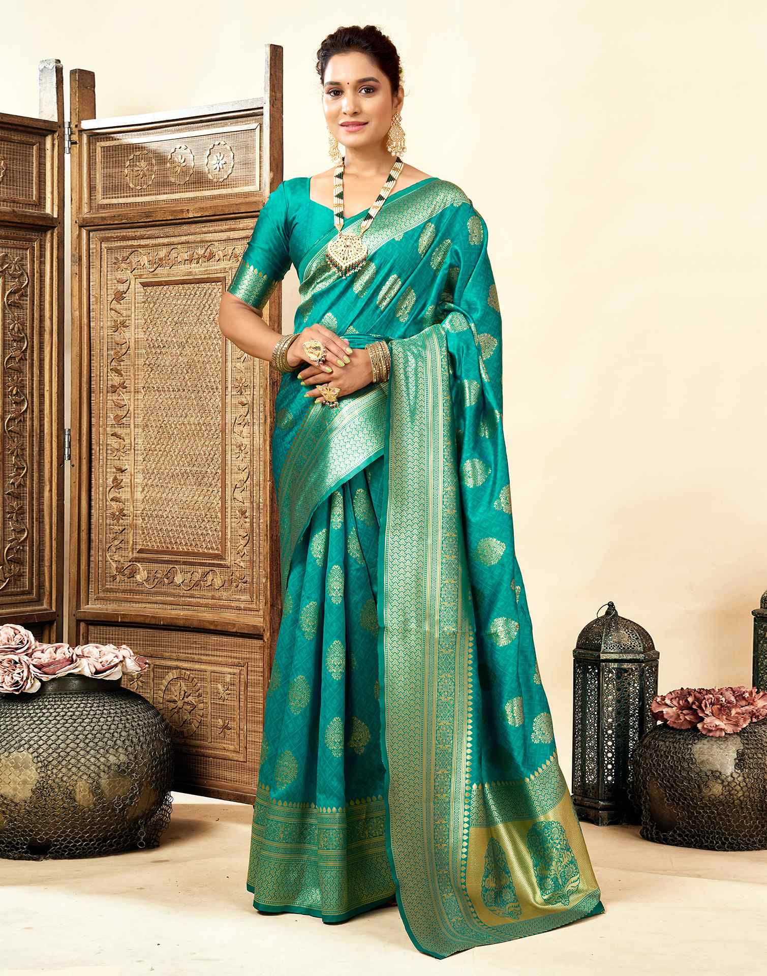 Teal Green Silk Woven Banarasi Saree