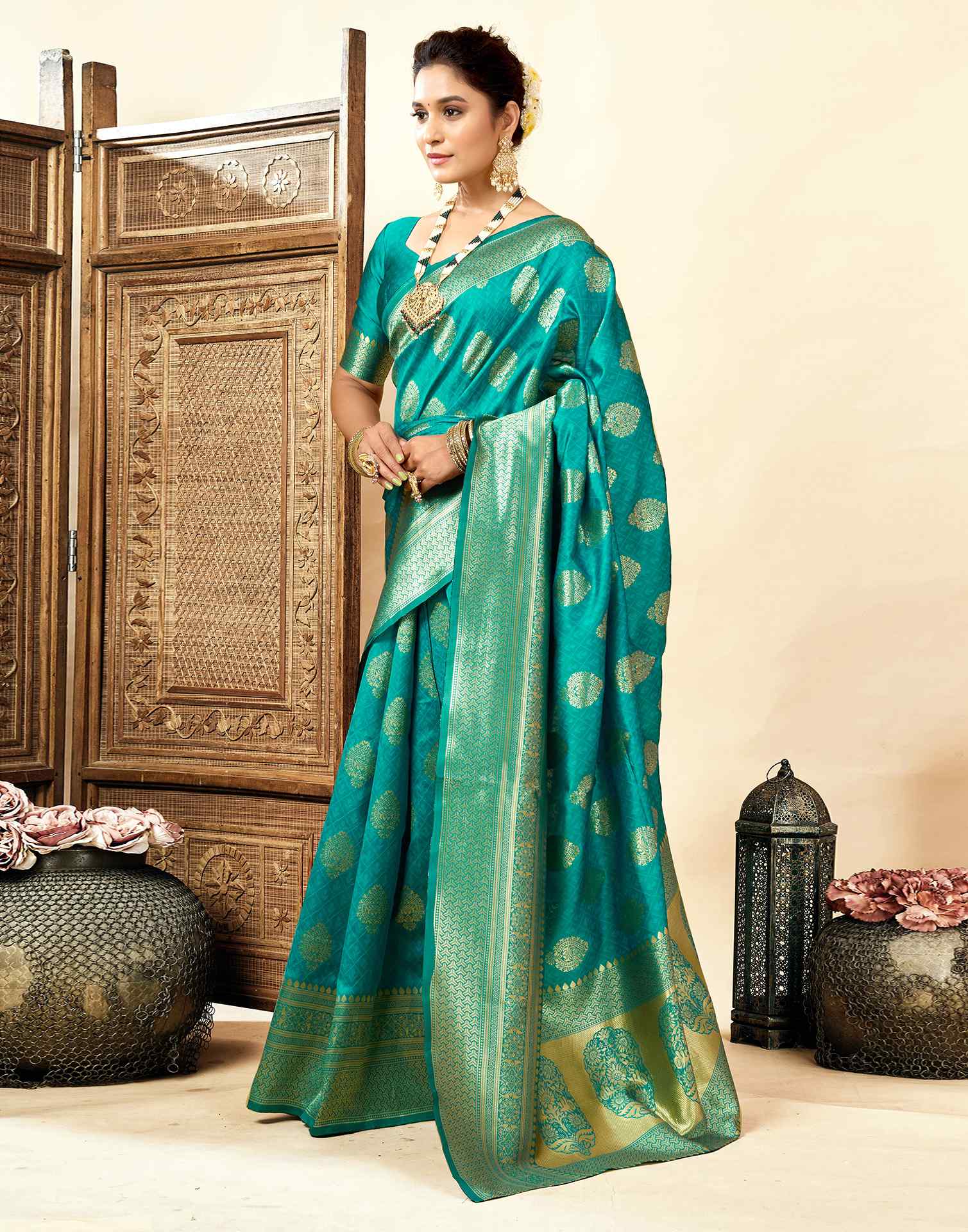 Teal Green Silk Woven Banarasi Saree