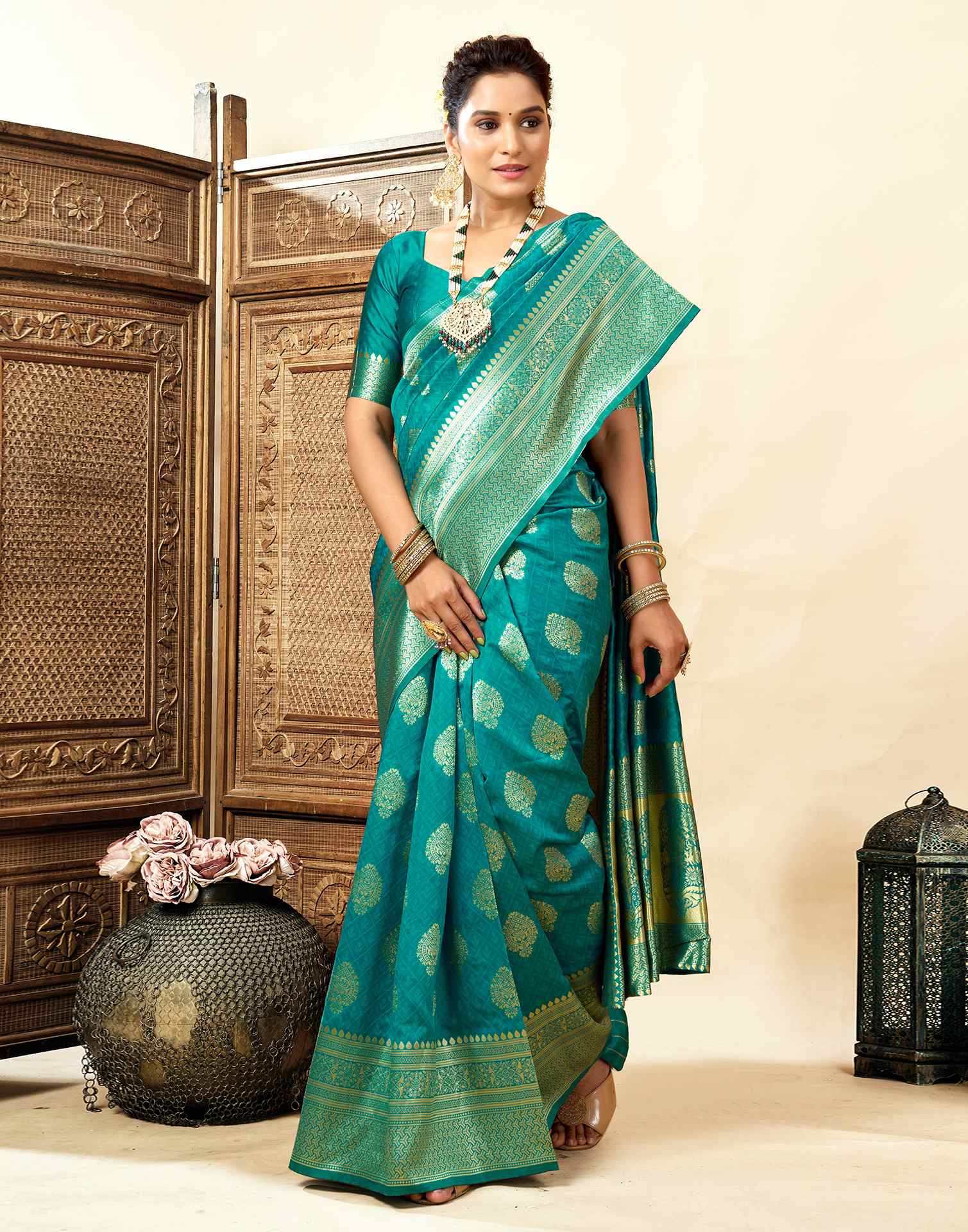 Teal Green Silk Woven Banarasi Saree