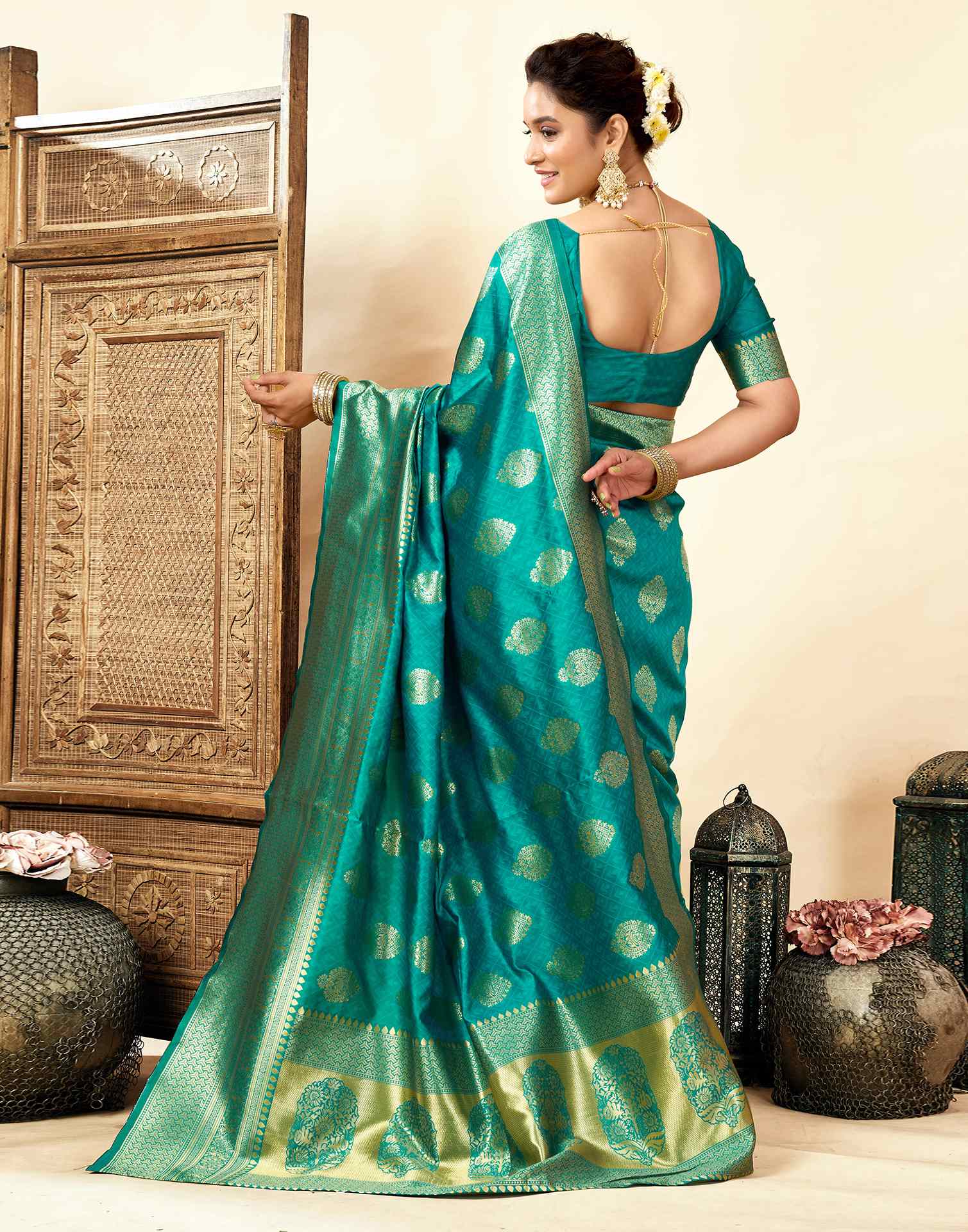 Teal Green Silk Woven Banarasi Saree
