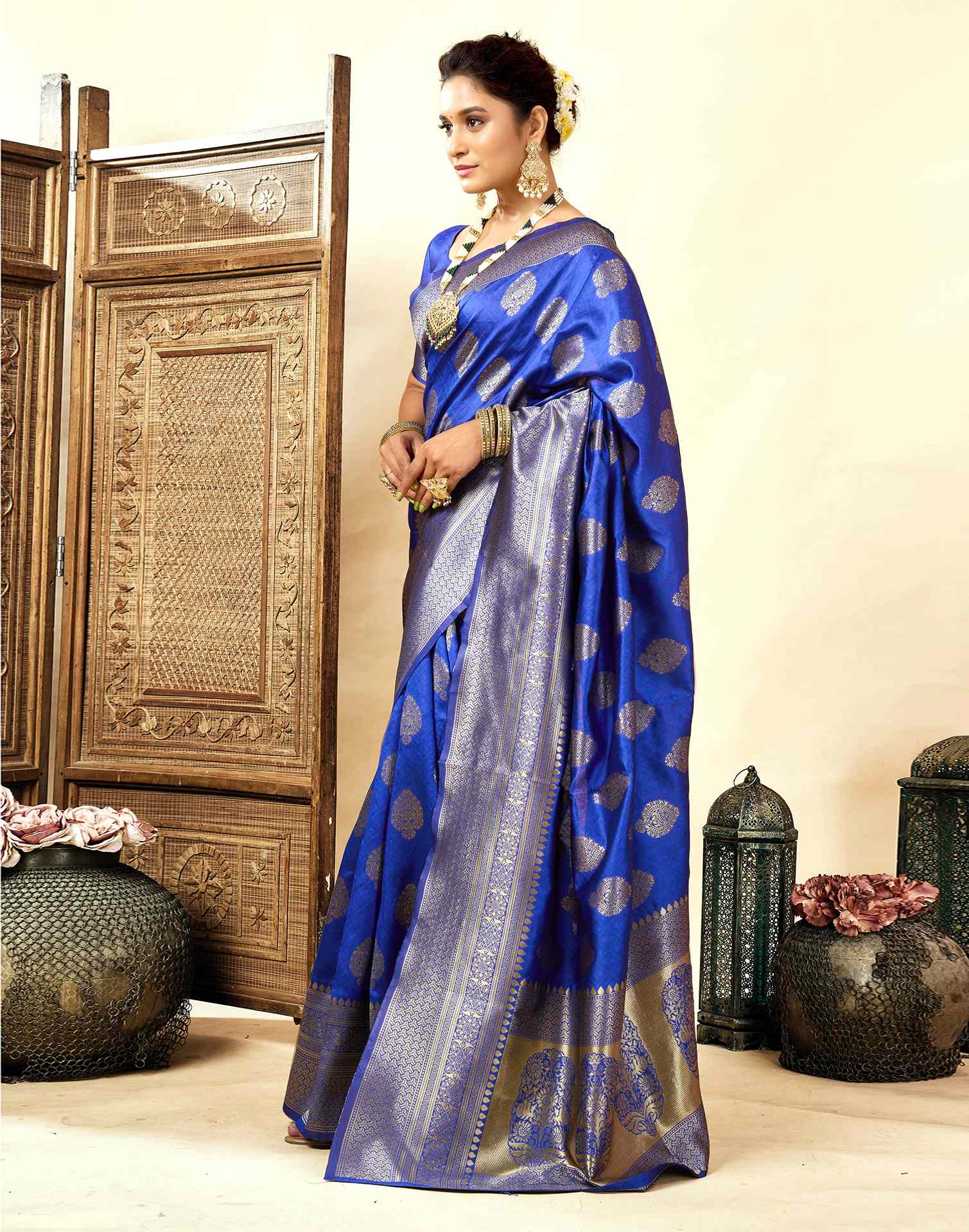 Dark Blue Silk Woven Banarasi Saree