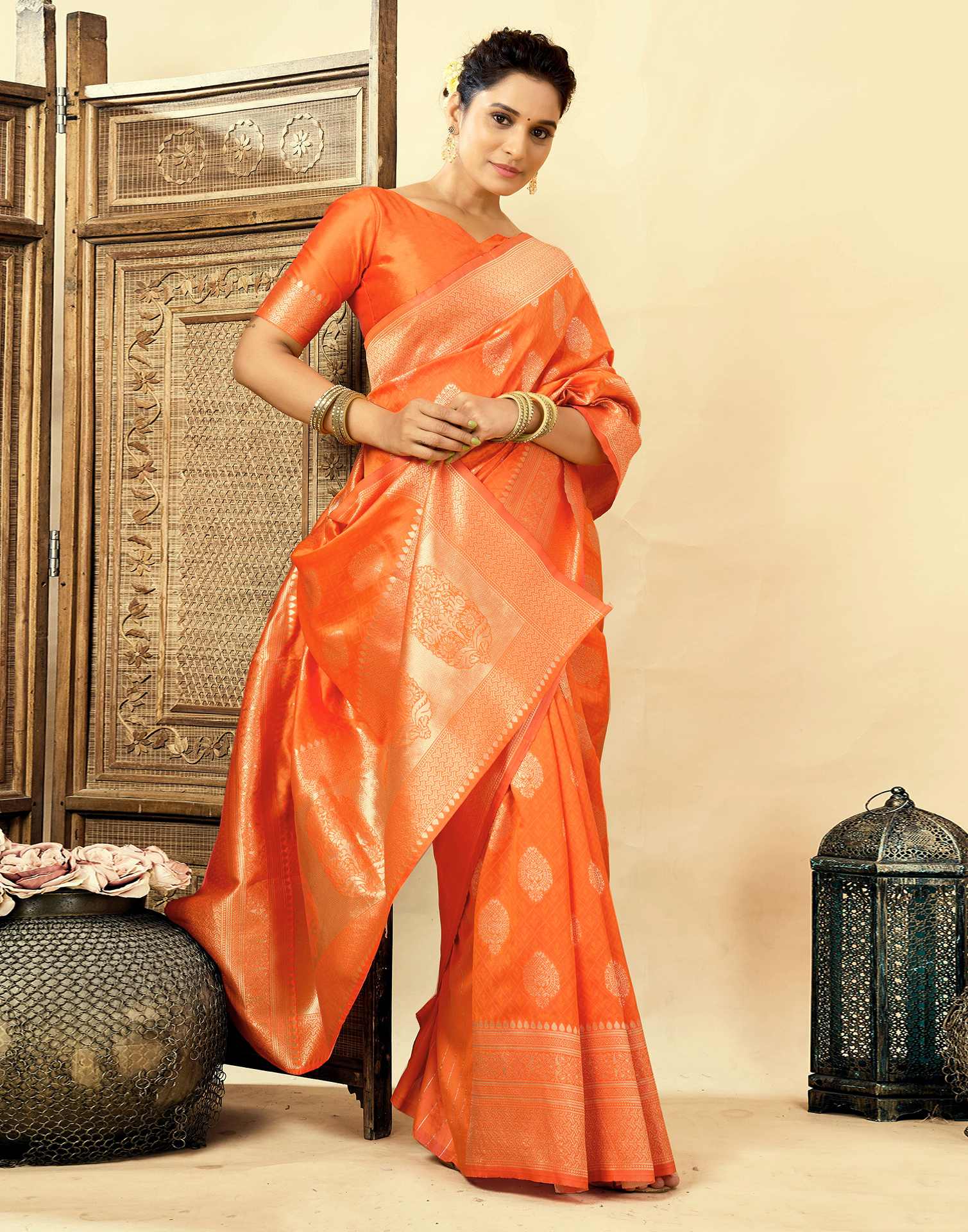 Orange Silk Woven Banarasi Saree