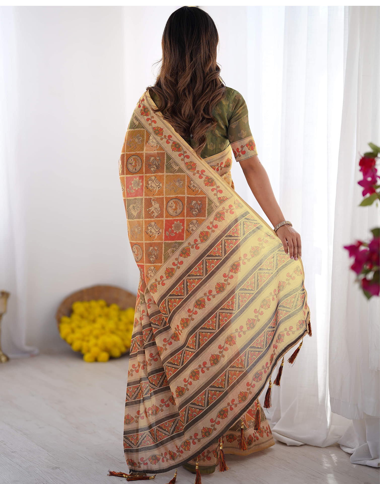Multicoloured Linen Printed Saree