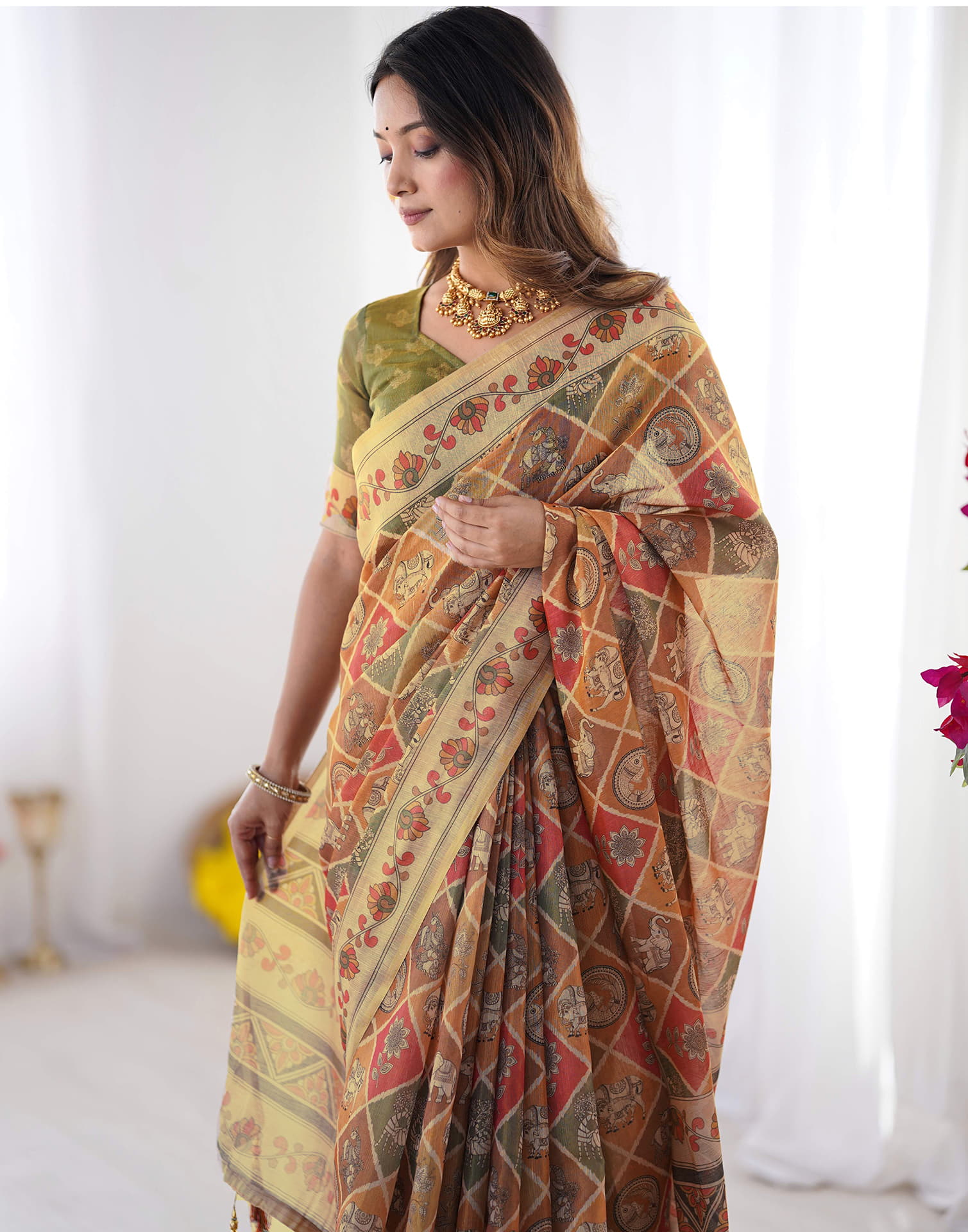Multicoloured Linen Printed Saree