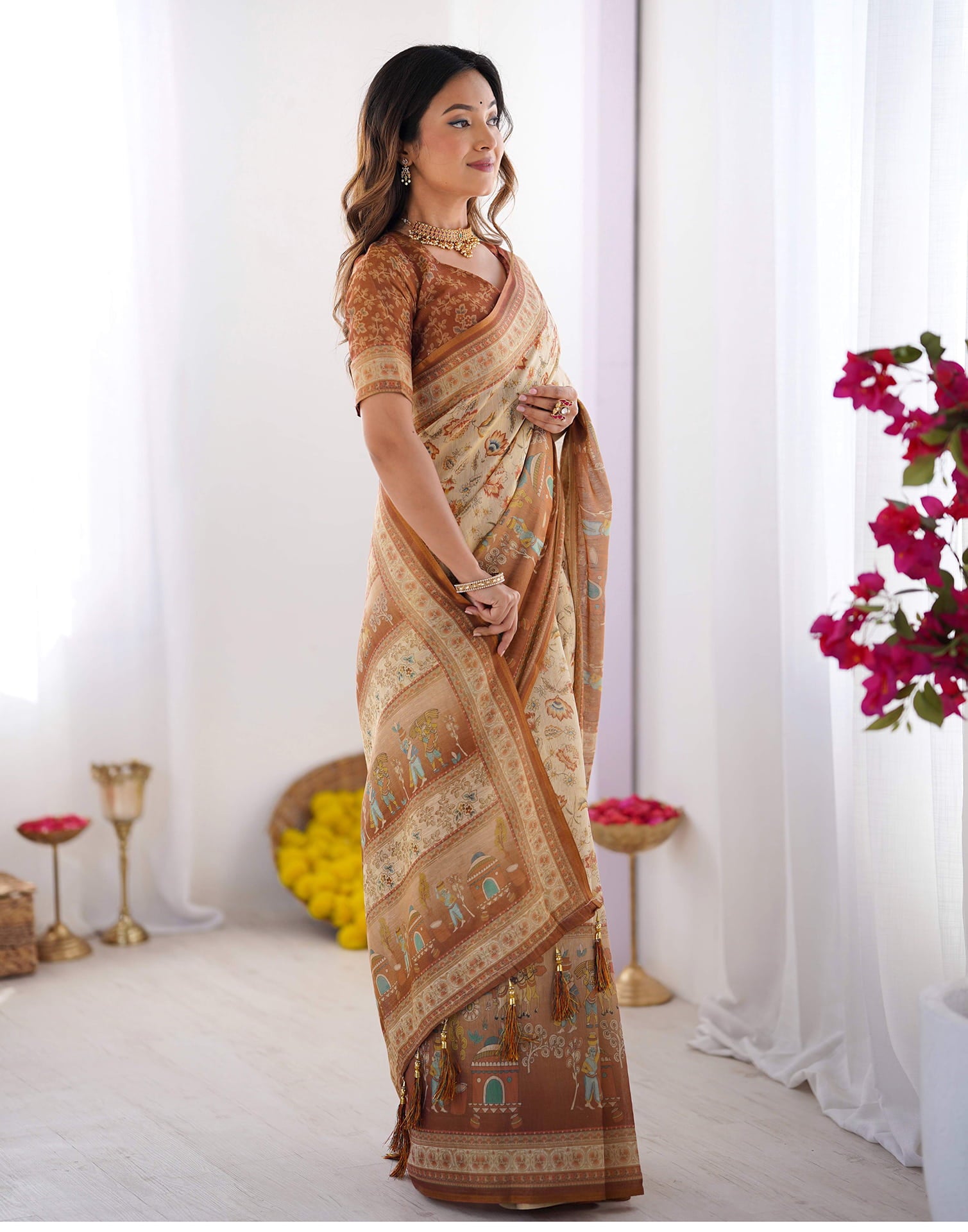 Light Beige Linen Floral Printed Saree