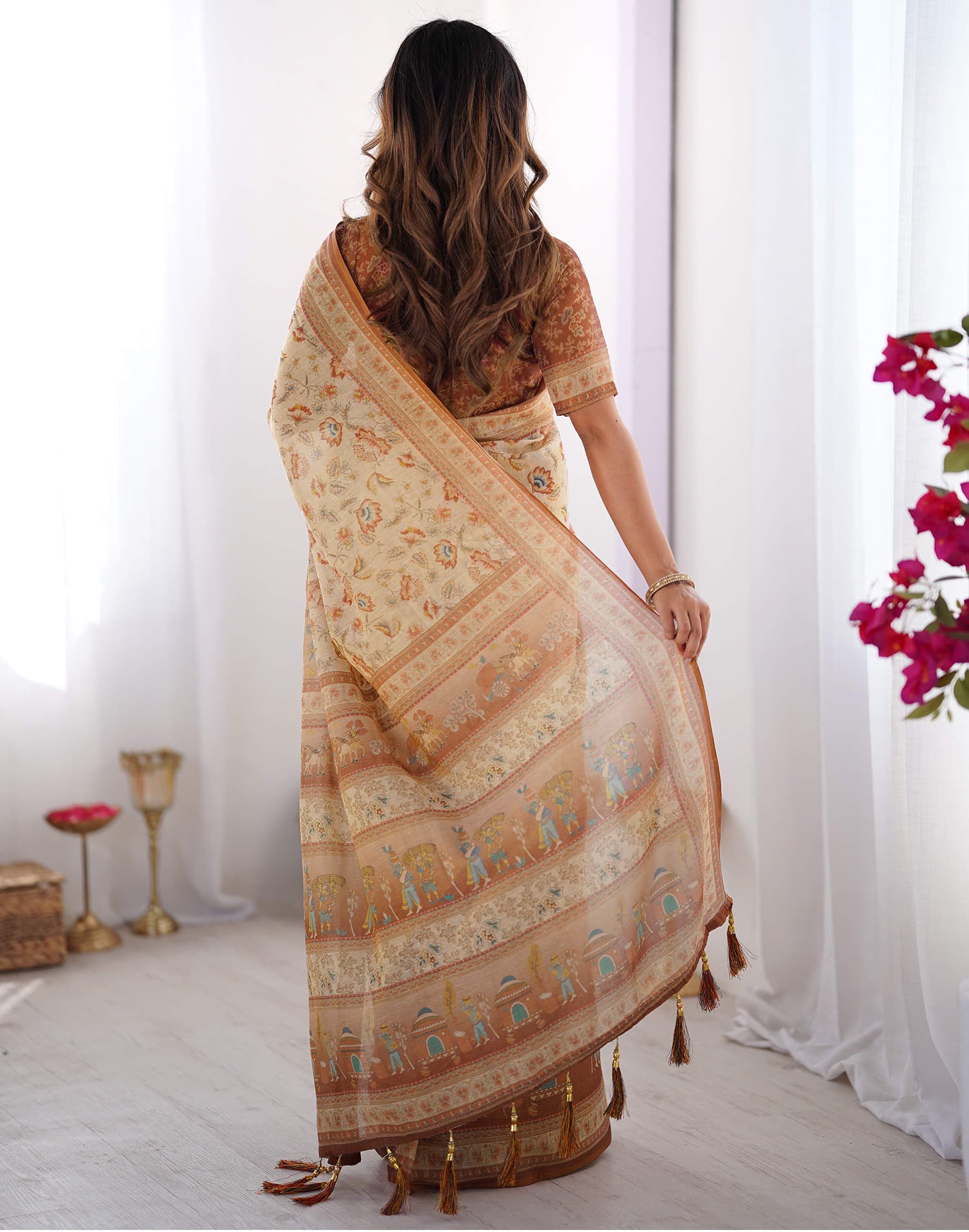Light Beige Linen Floral Printed Saree