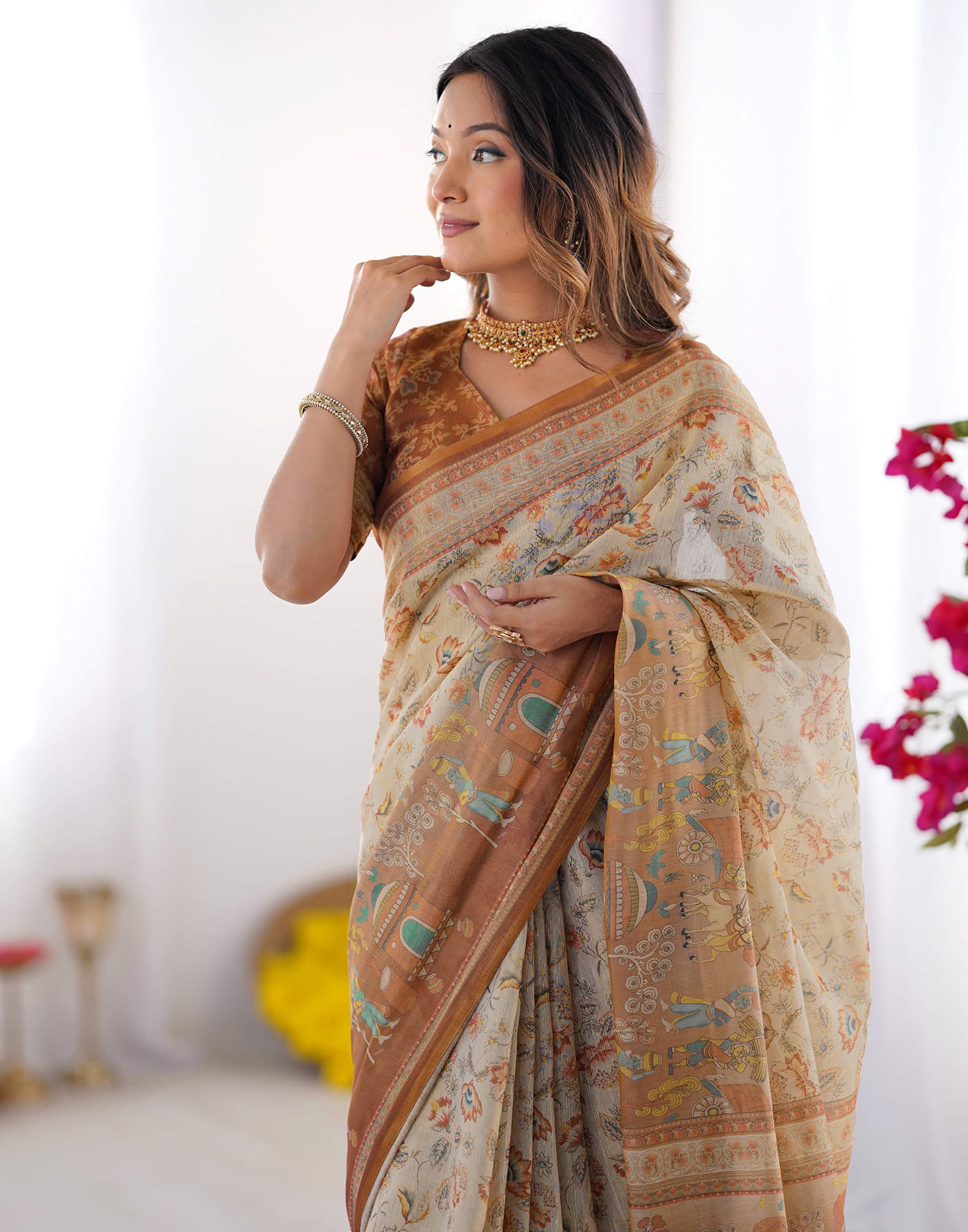 Light Beige Linen Floral Printed Saree