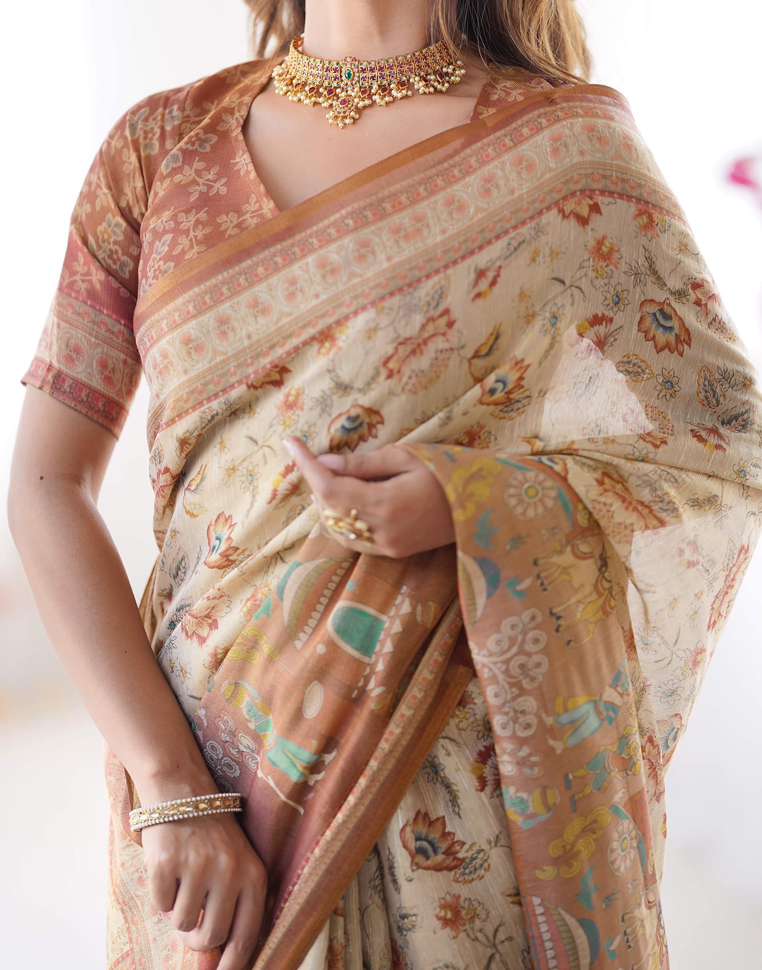 Light Beige Linen Floral Printed Saree
