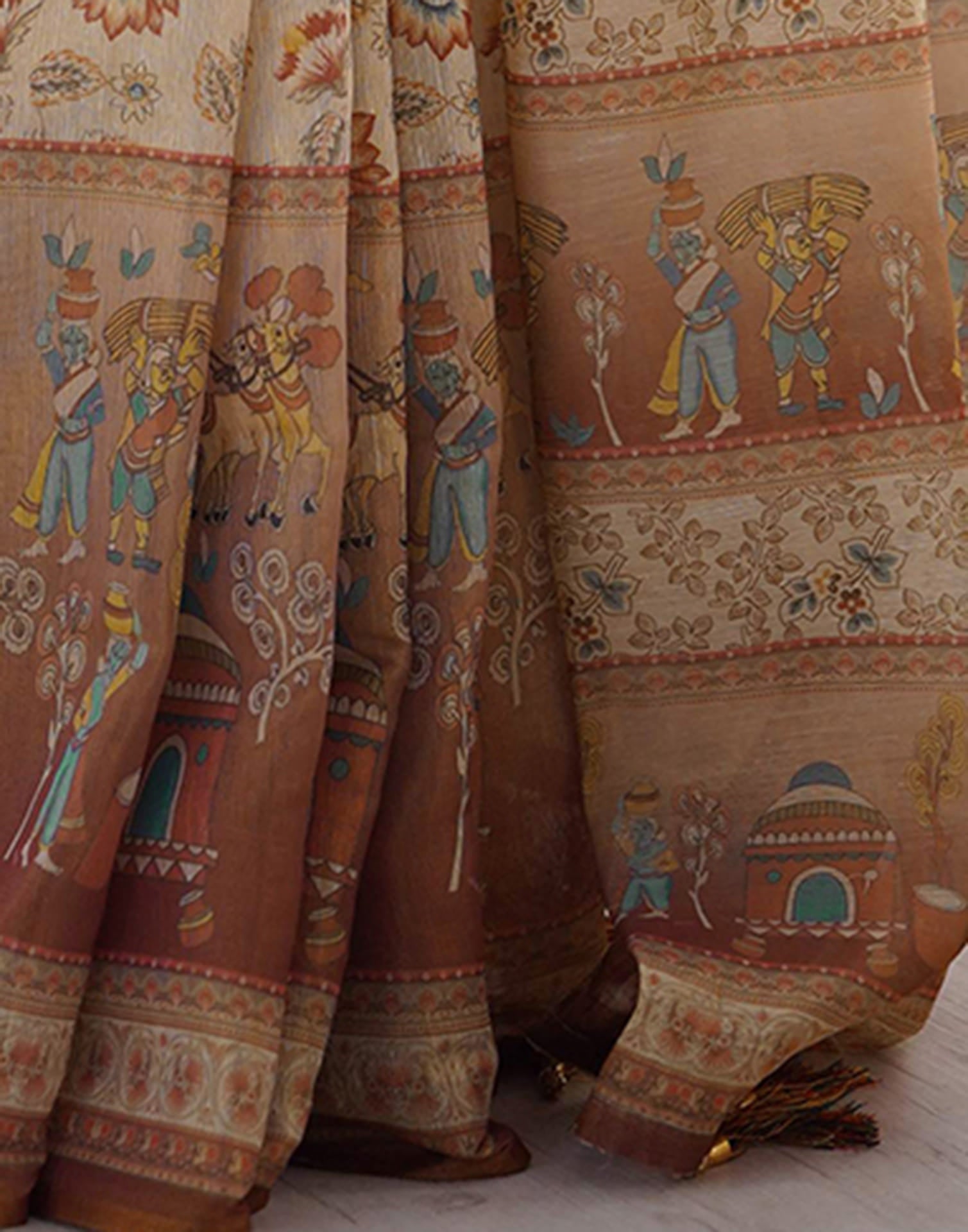 Light Beige Linen Floral Printed Saree