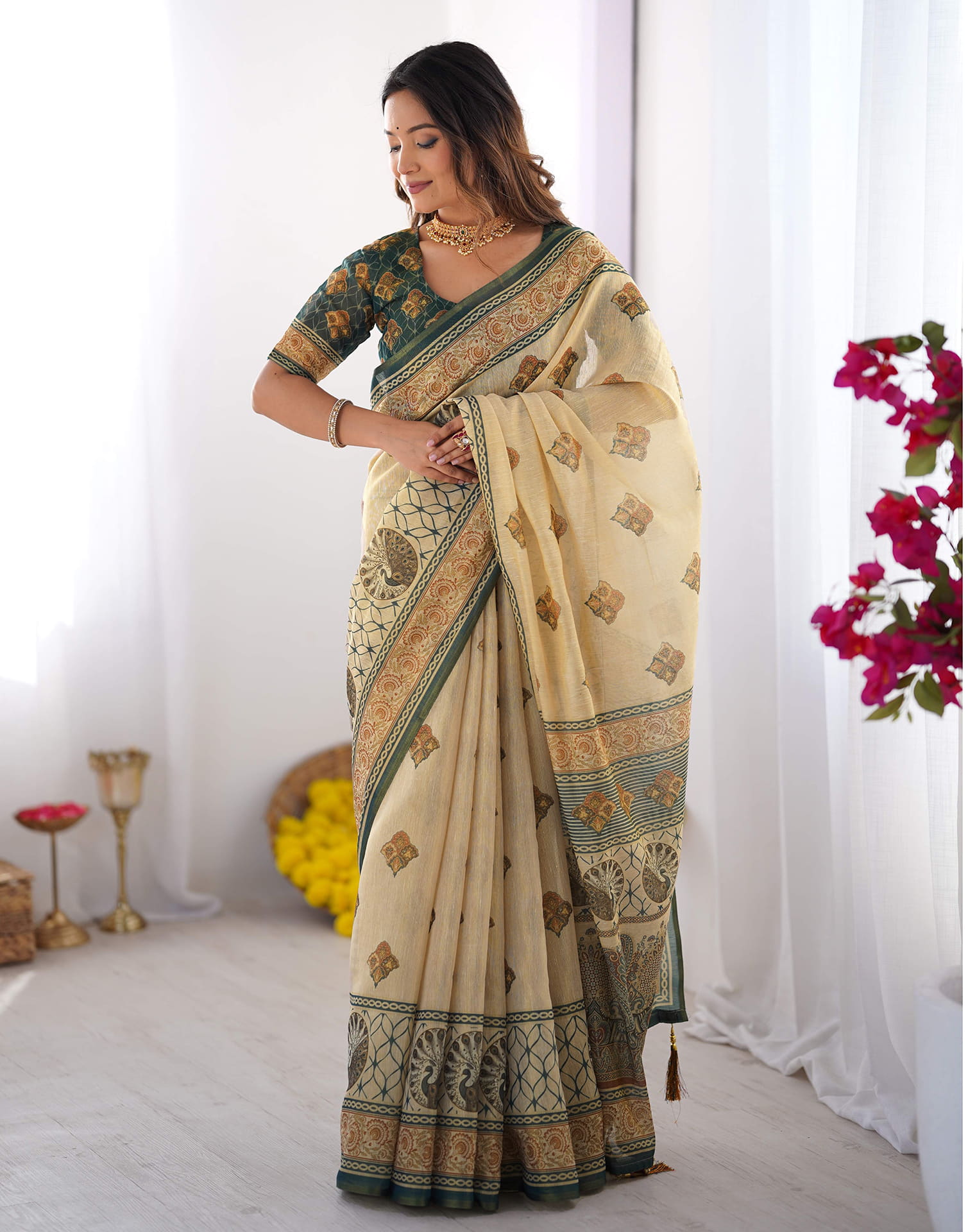 Light Beige Linen Printed Saree