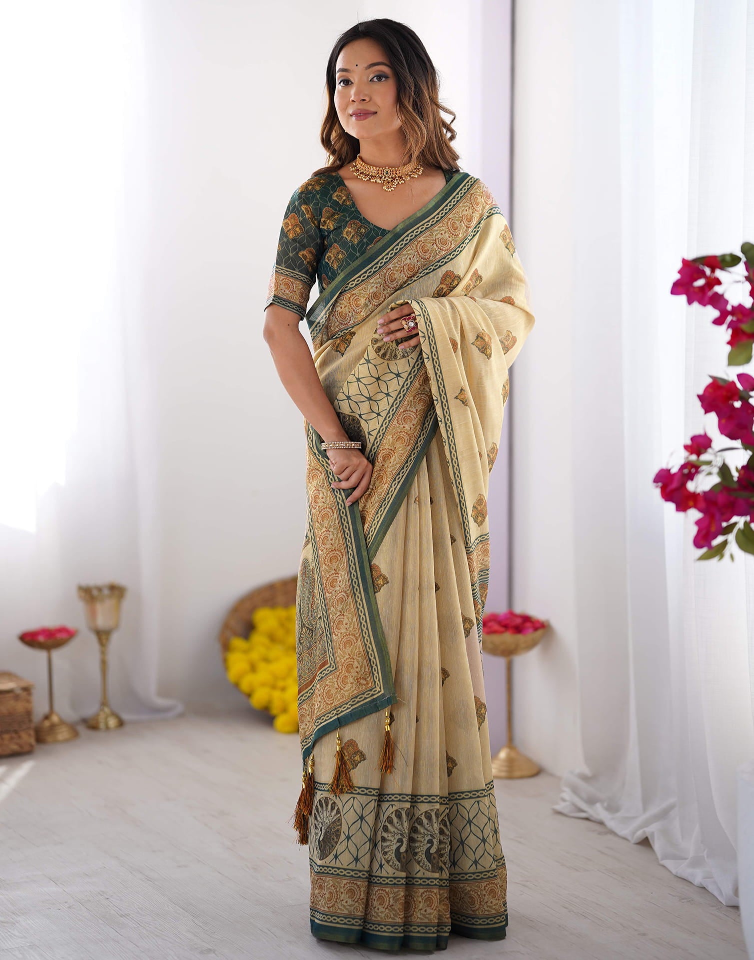 Light Beige Linen Printed Saree