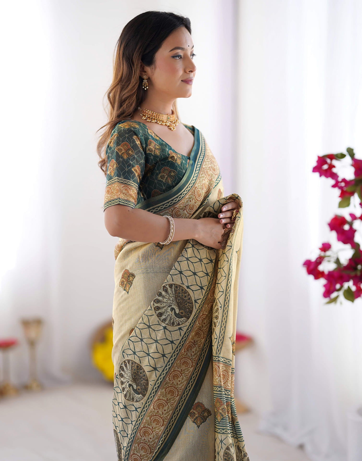 Light Beige Linen Printed Saree