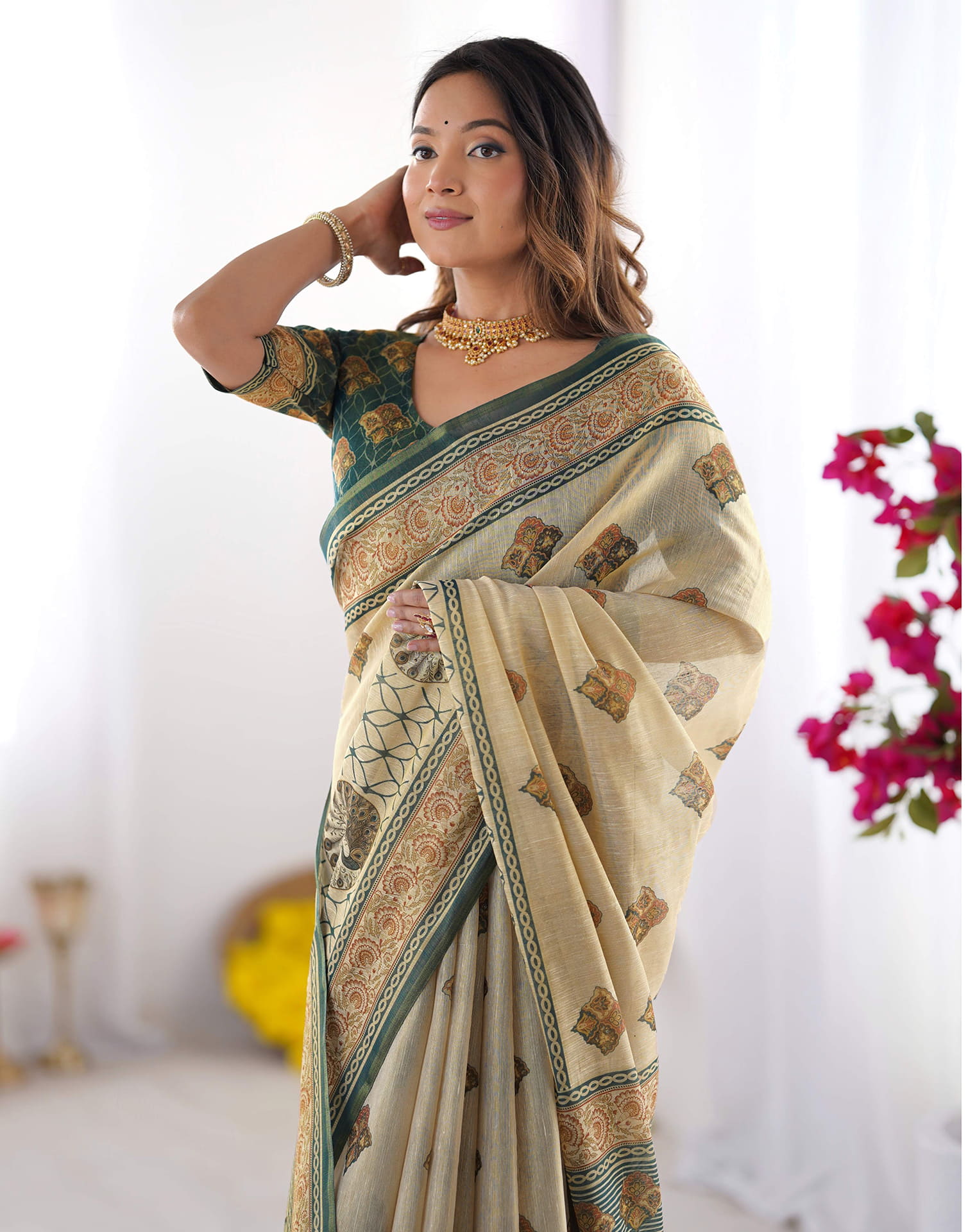 Light Beige Linen Printed Saree
