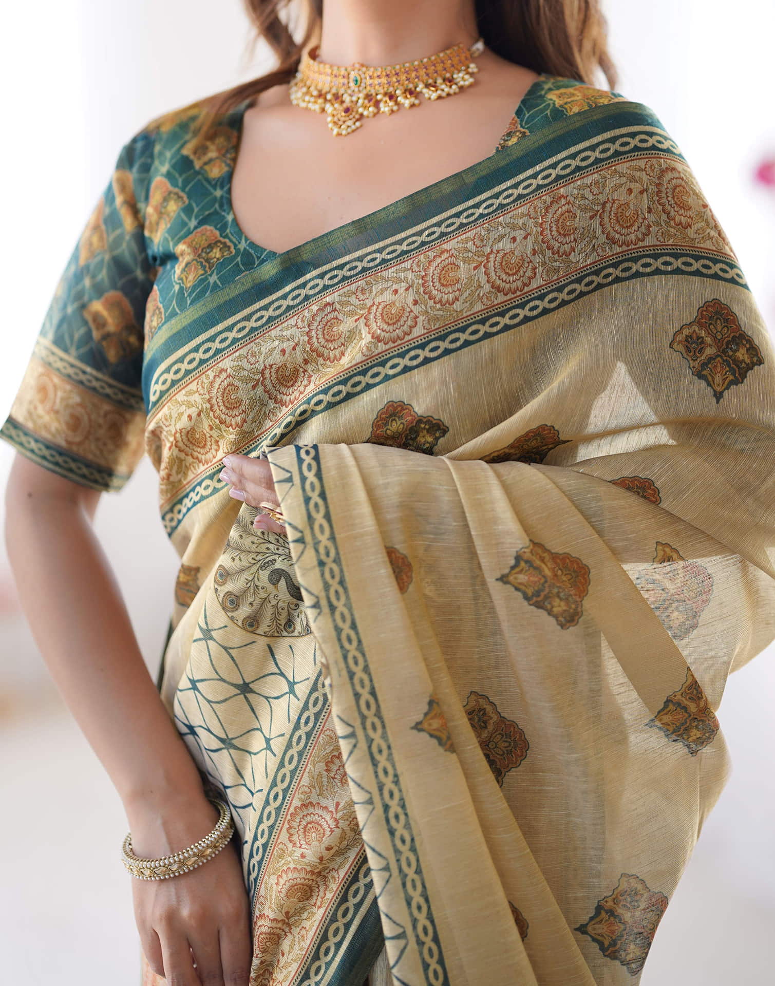 Light Beige Linen Printed Saree