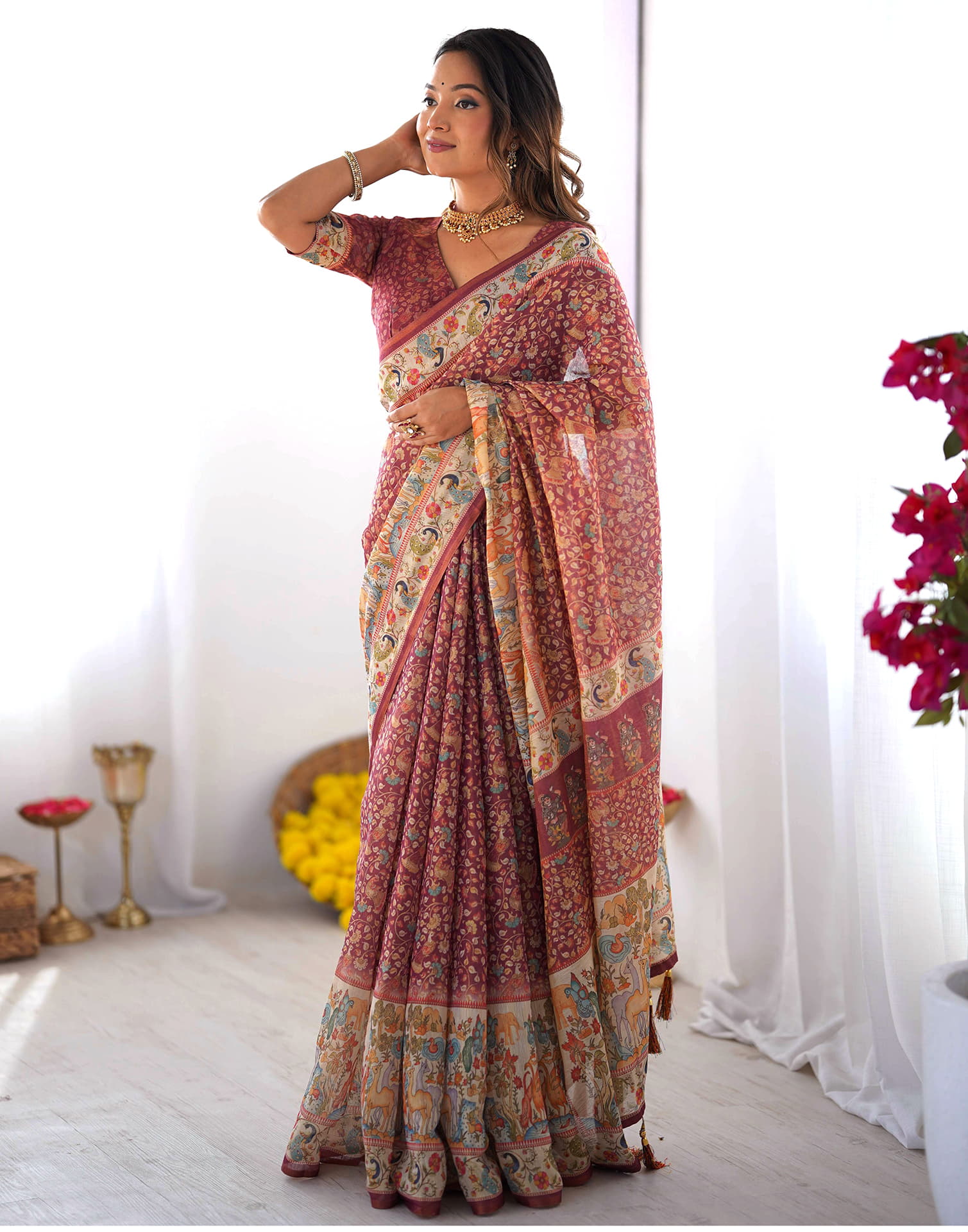 Dusty Wine Linen Floral Printed Saree