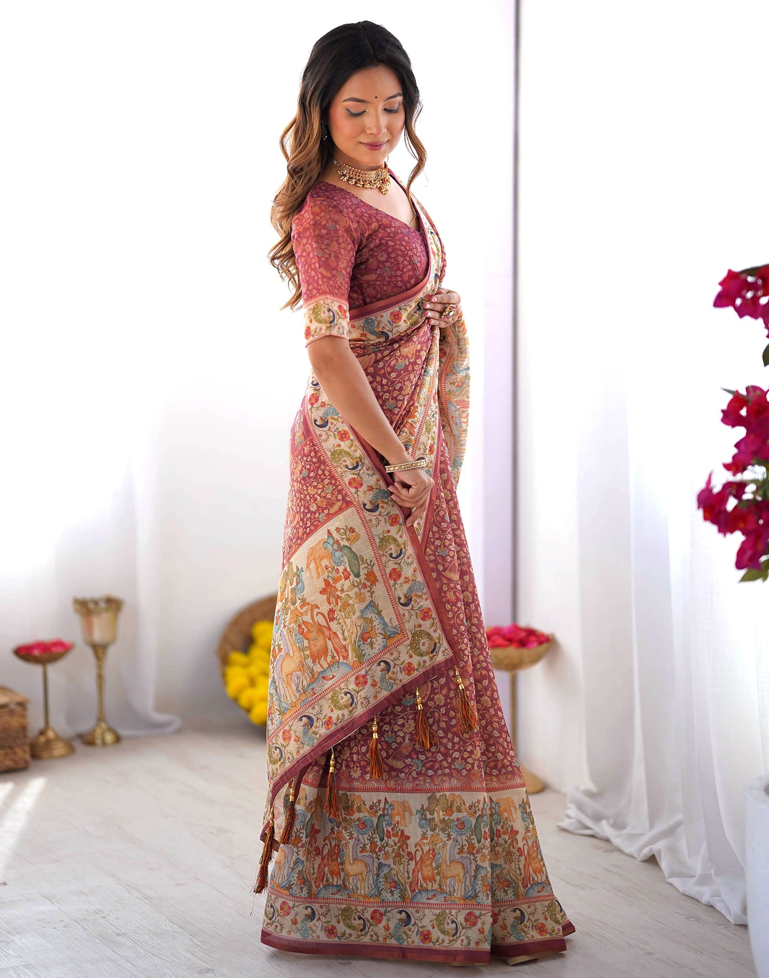 Dusty Wine Linen Floral Printed Saree