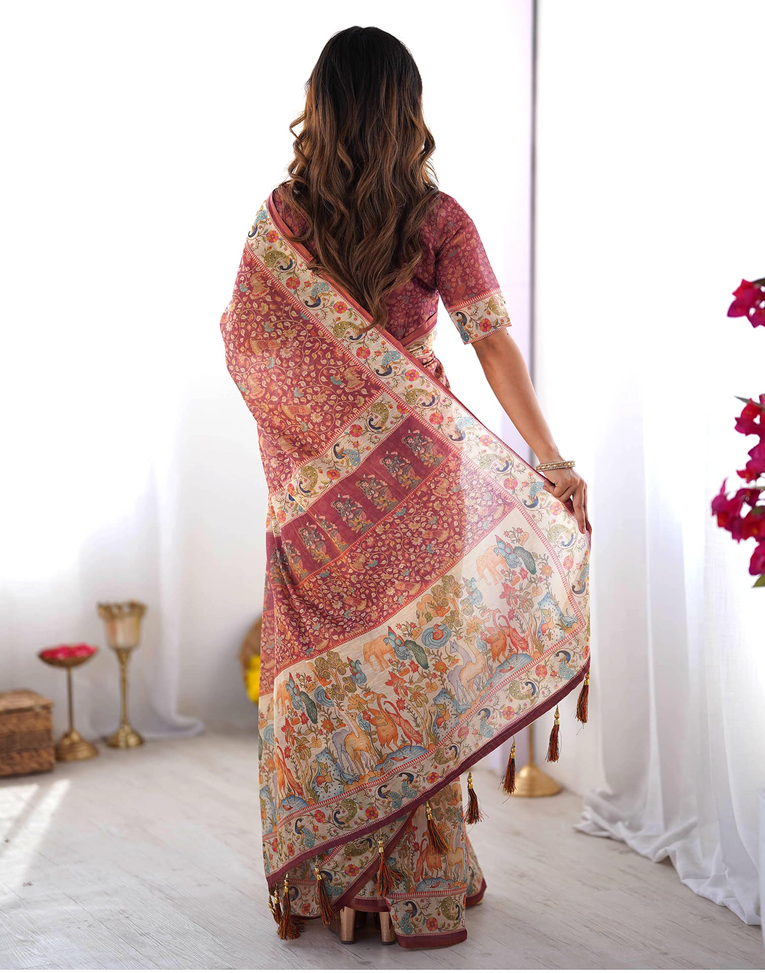Dusty Wine Linen Floral Printed Saree