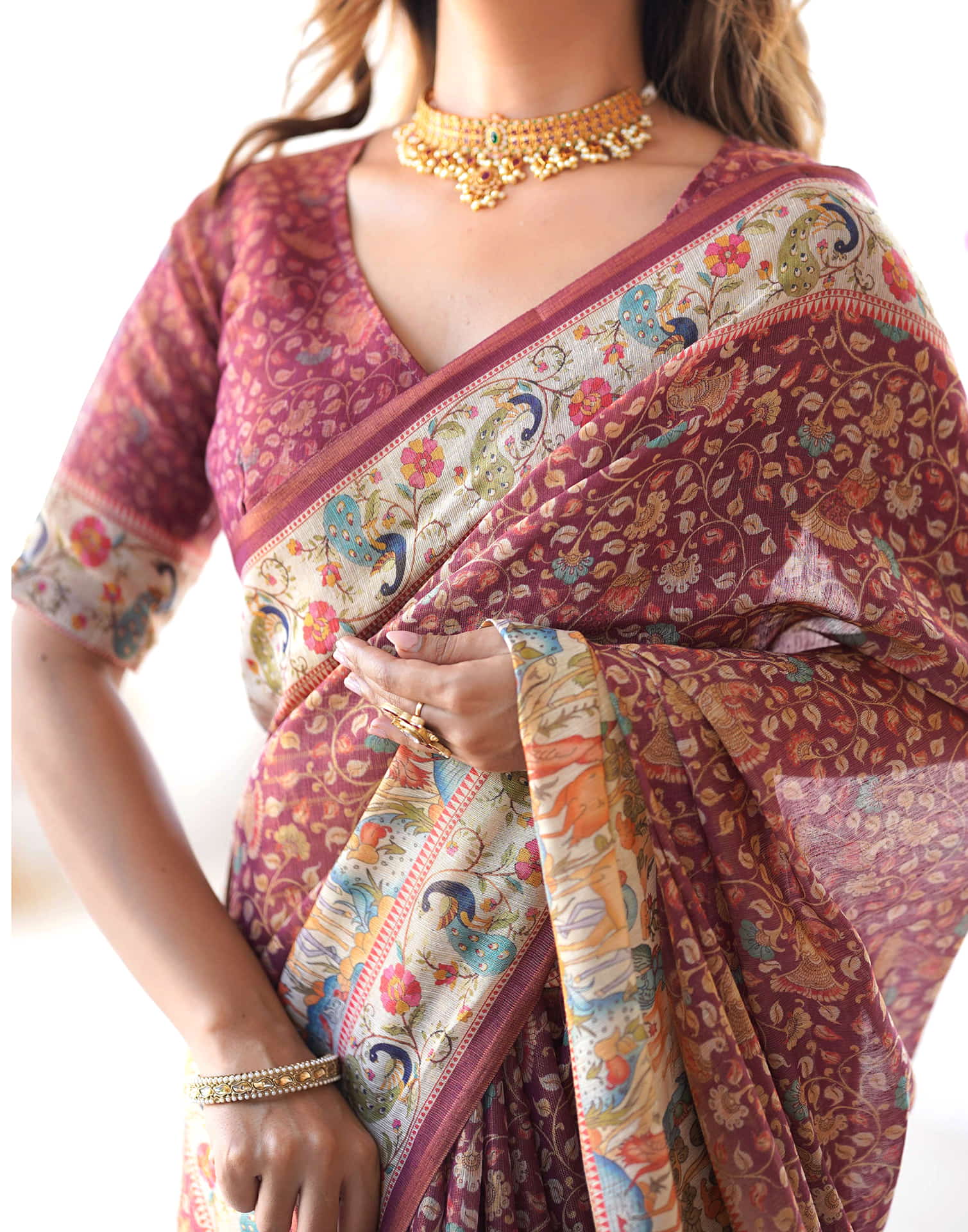 Dusty Wine Linen Floral Printed Saree