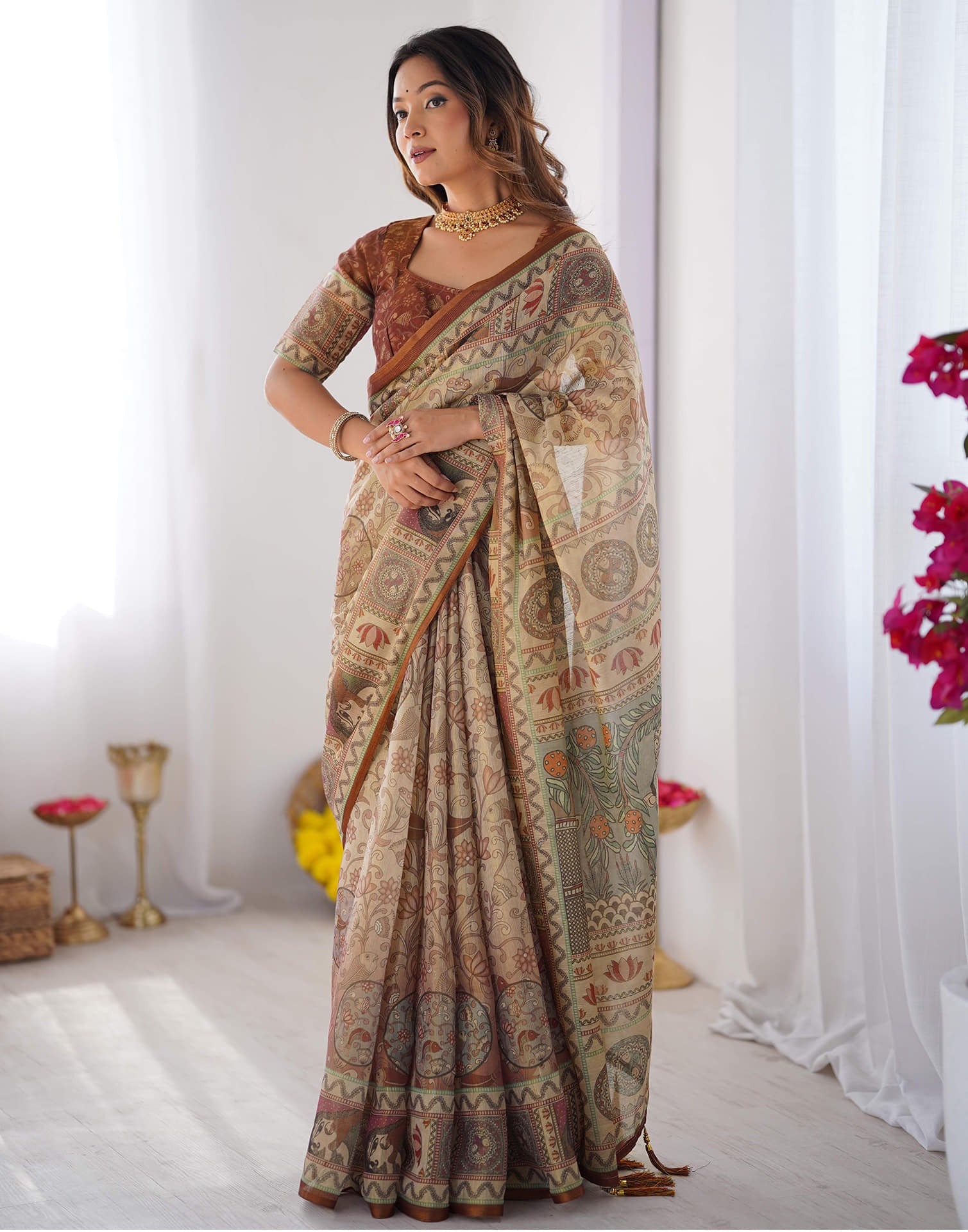 Light Beige Linen Floral Printed Saree